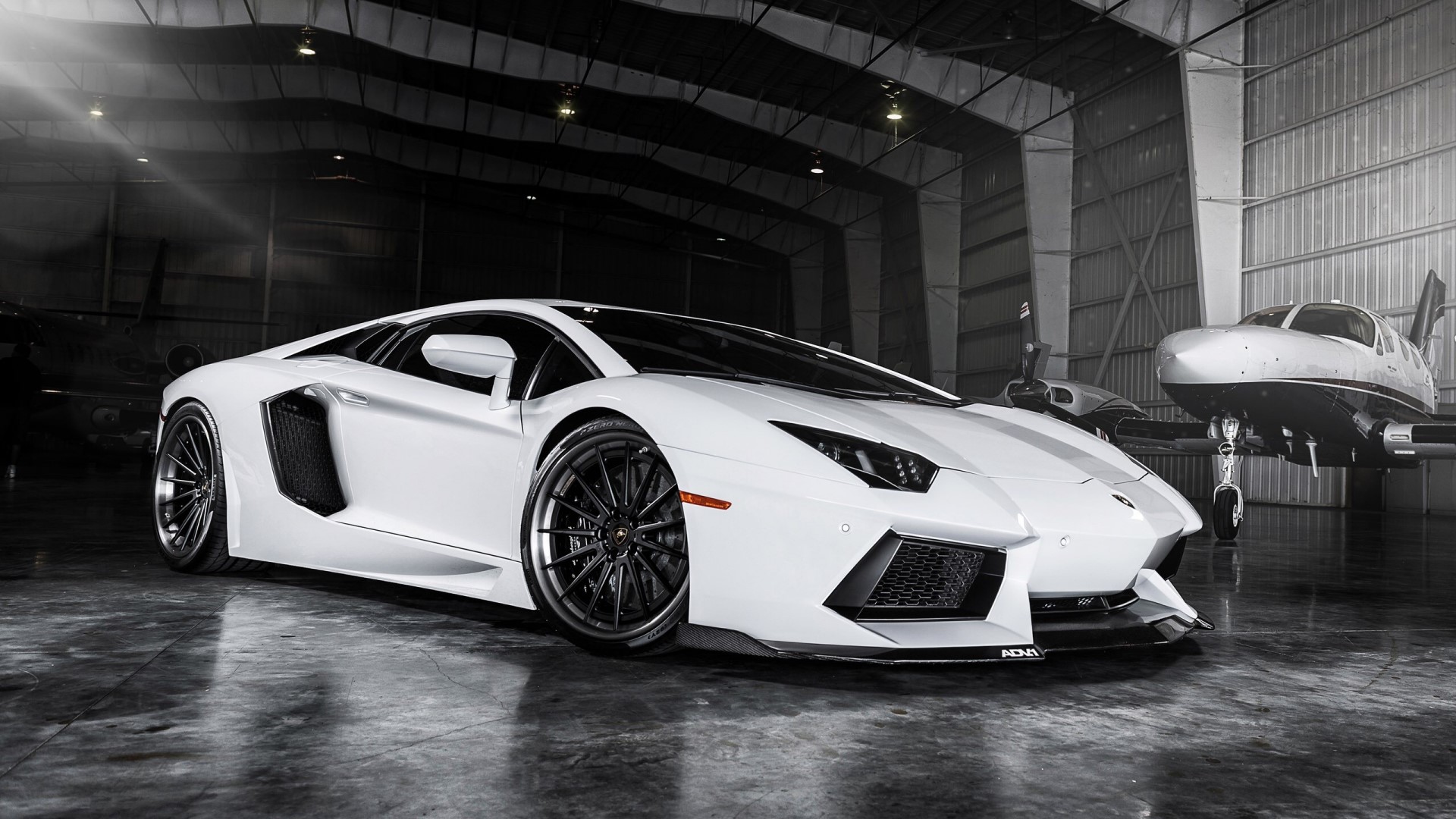 White Lamborghini Aventador LP 700-4 in Hangar HD Wallpaper