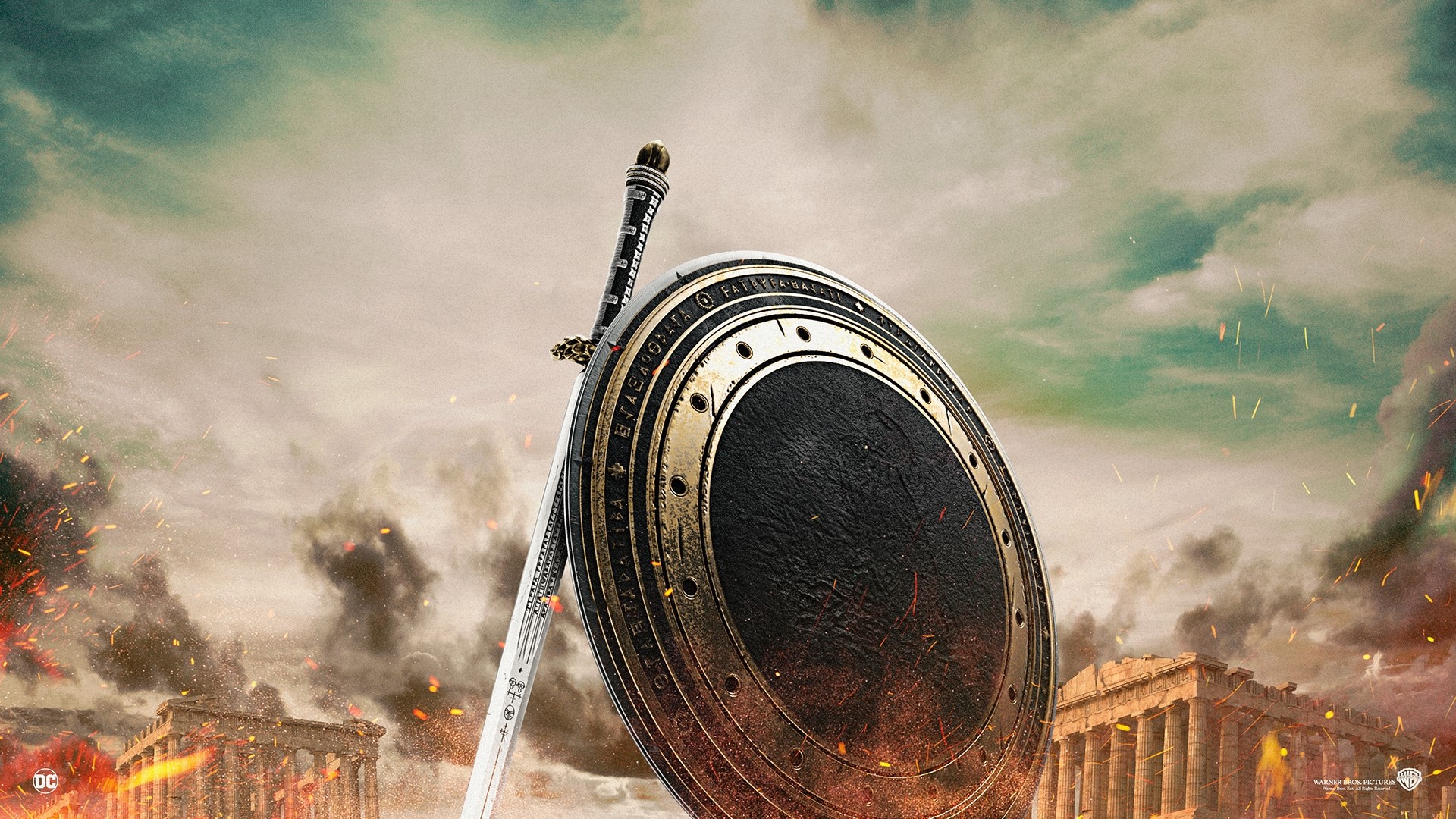 Wonder Woman's Sword and Shield in Ruins HD Wallpaper