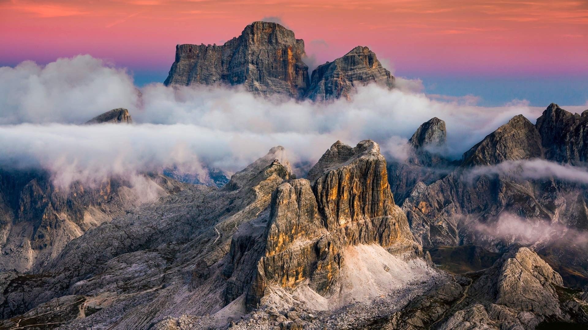 Dolomites mountains in Italy at sunset HD Wallpaper