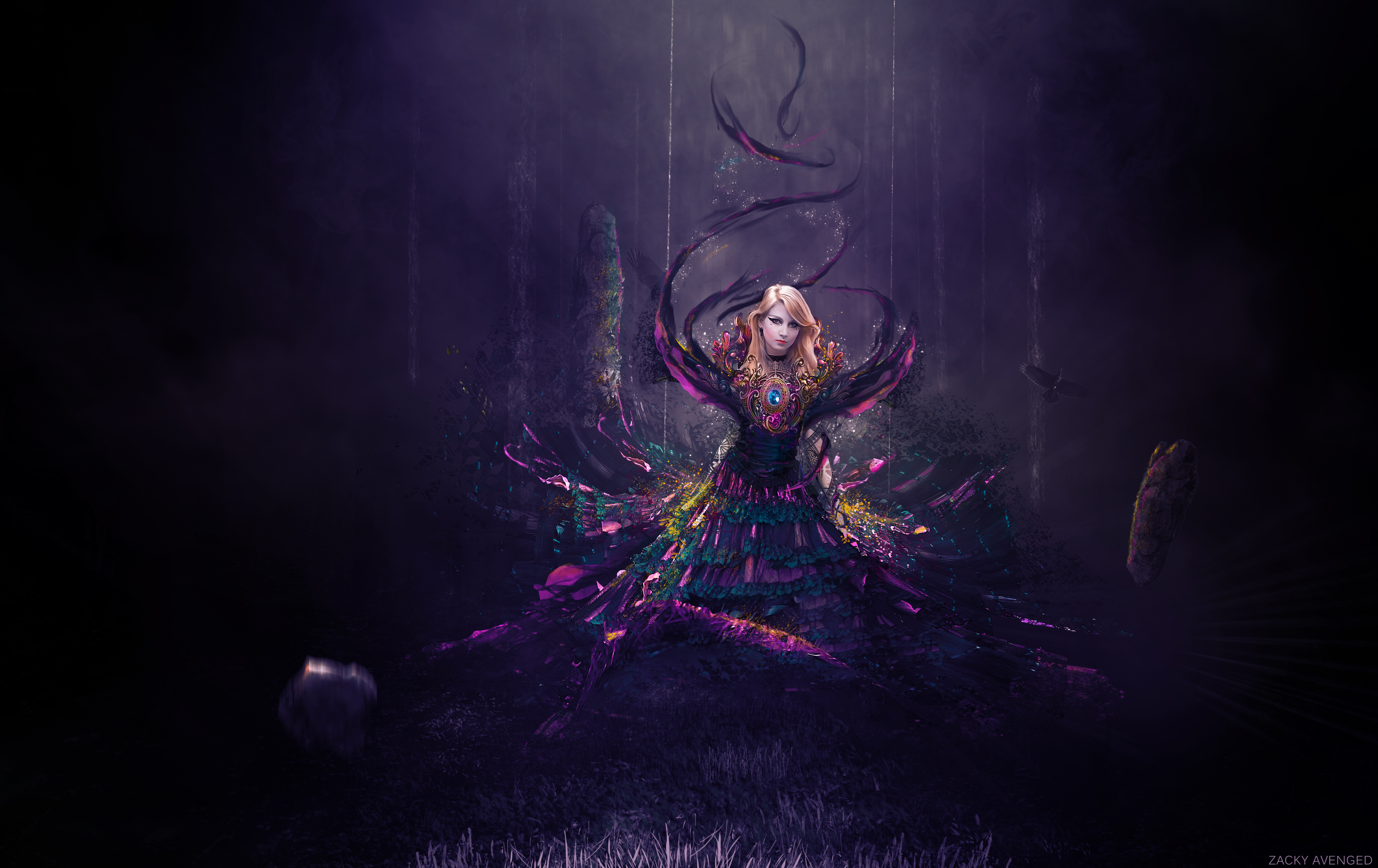 Fantasy girl in a dark forest 4K HD Wallpaper