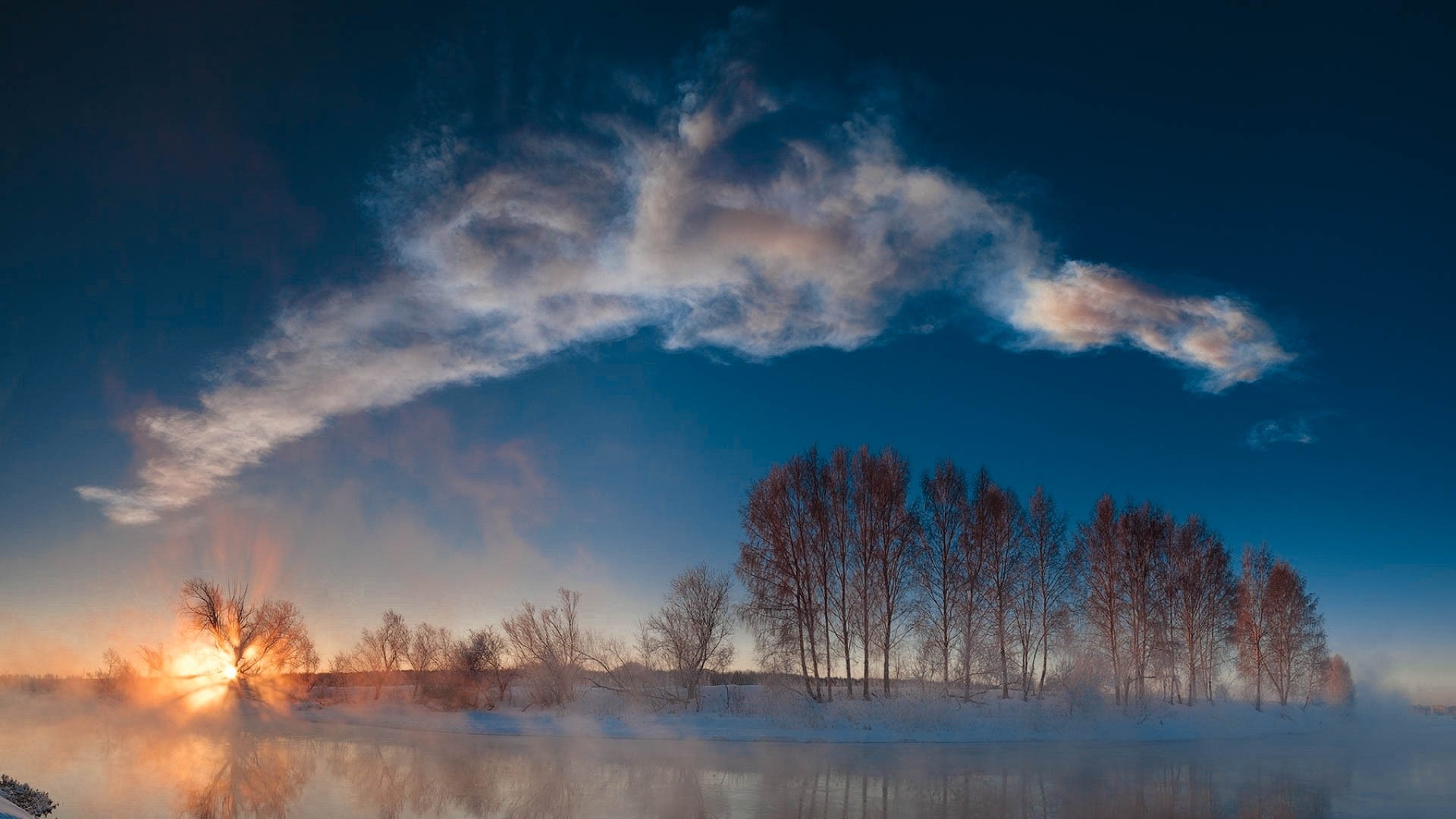 Cold foggy sunrise over a river with trees HD Wallpaper