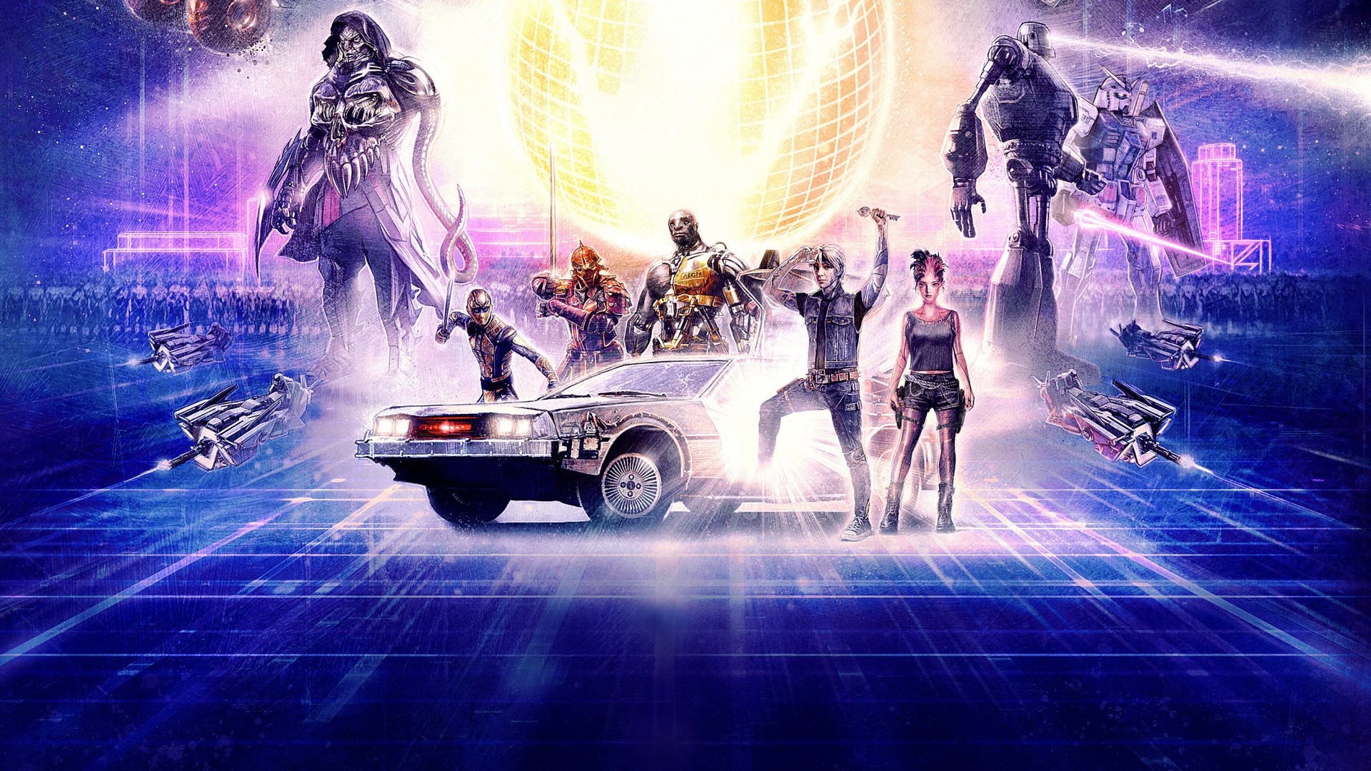 Ready Player One characters with DeLorean and robots HD Wallpaper