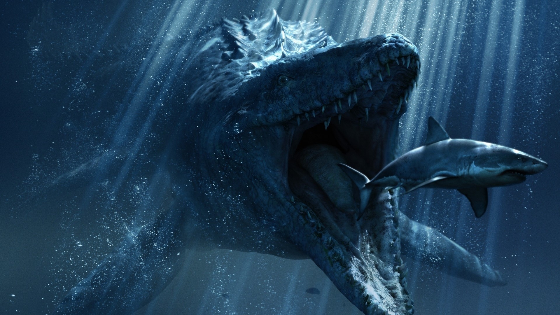 Mosasaurus eating a shark in Jurassic World HD Wallpaper