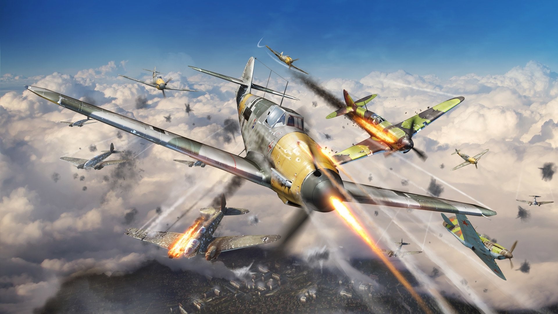 War Thunder aerial combat with multiple fighter planes HD Wallpaper