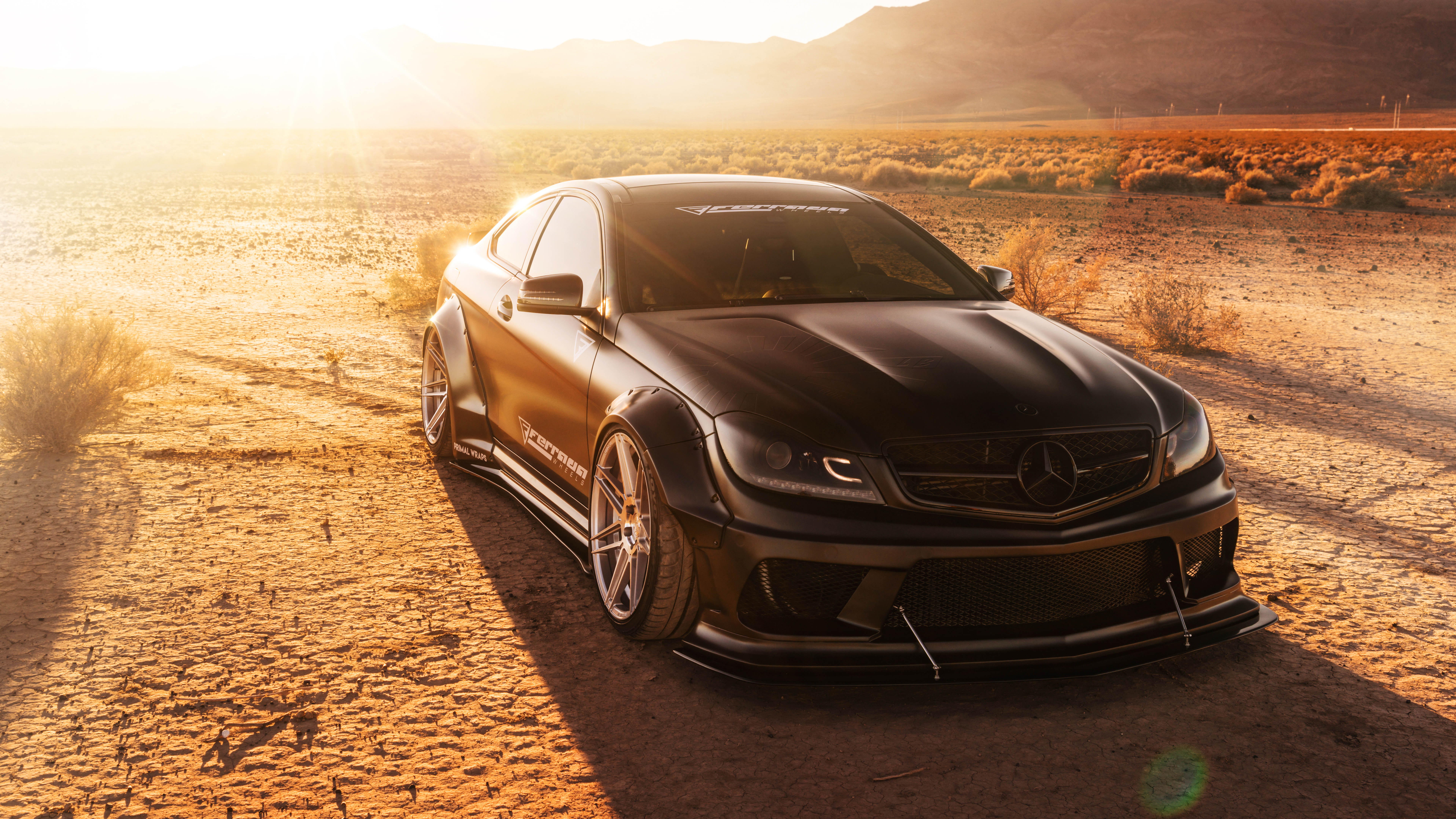 Black Mercedes Benz C-Class Coupe with Ferrada Wheels in Desert HD Wallpaper