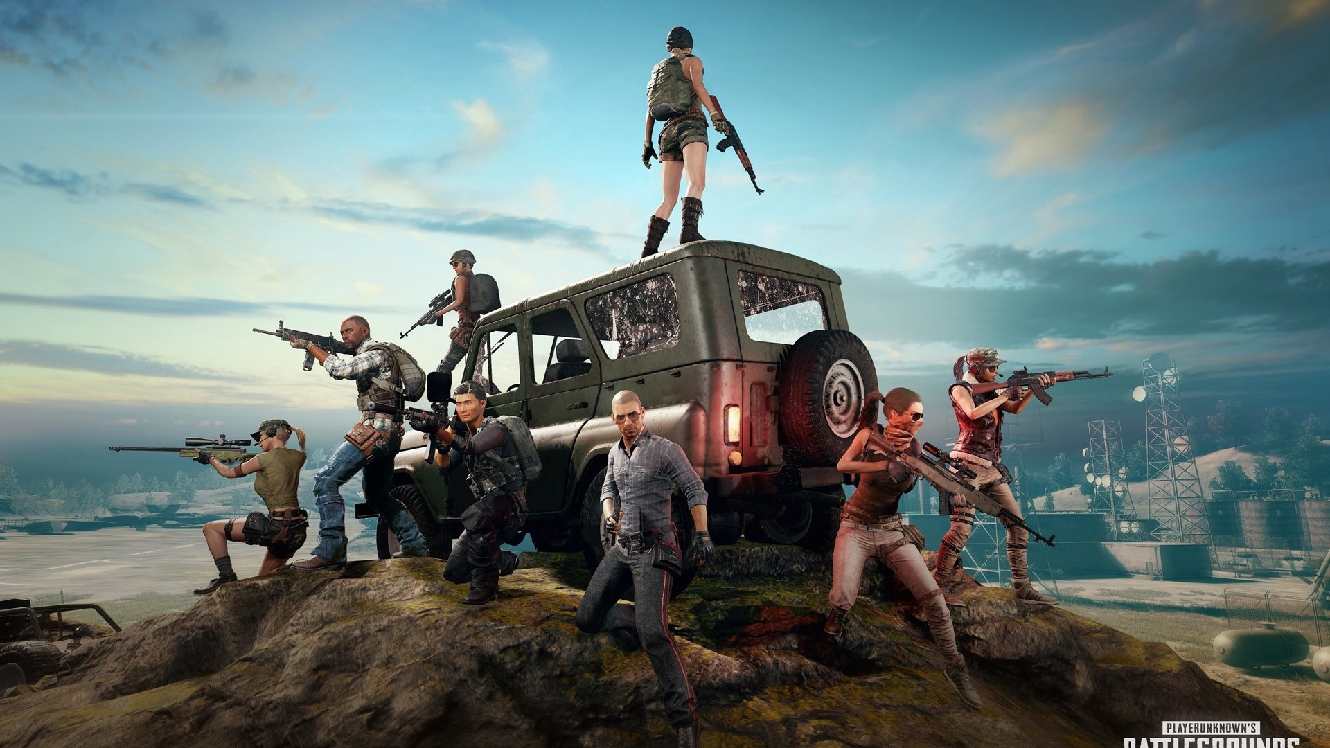 PlayerUnknown's Battlegrounds characters with guns and vehicle HD Wallpaper