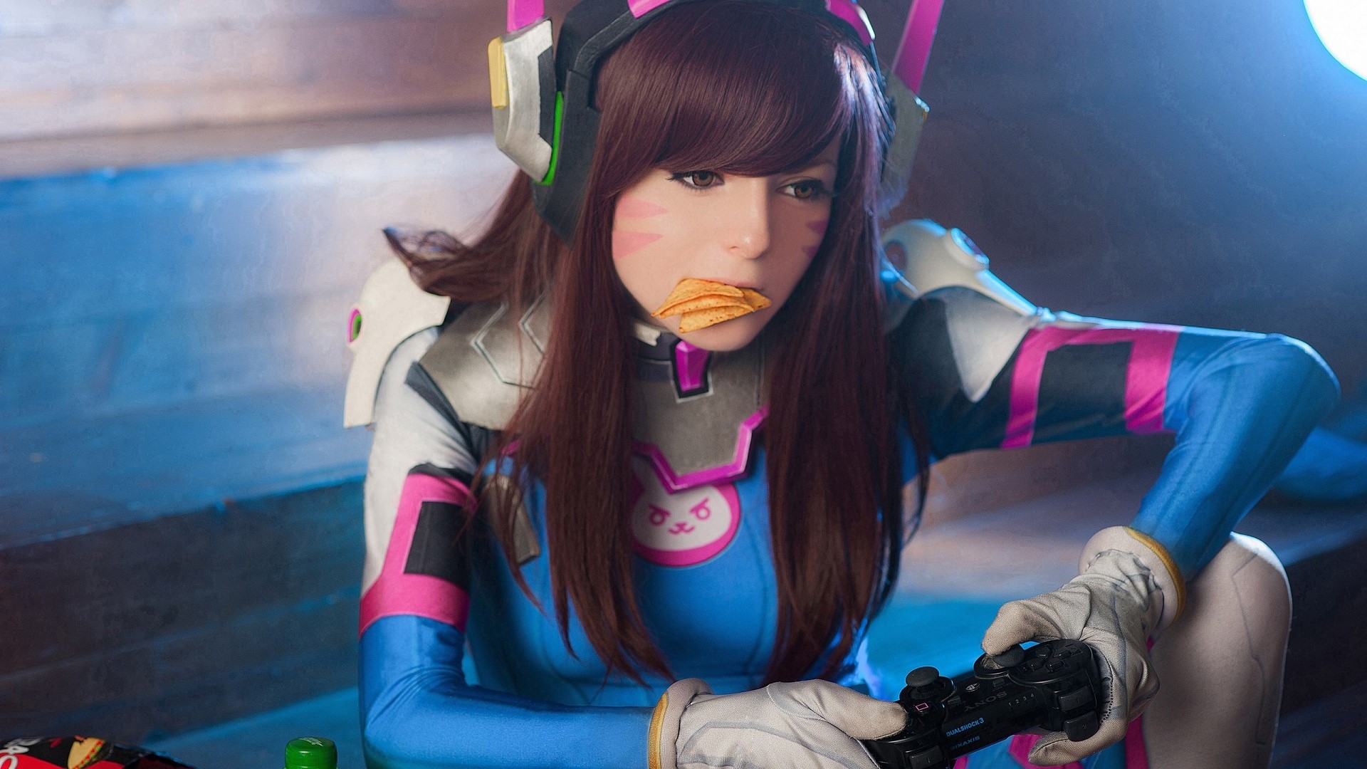 D.Va from Overwatch eating chips while gaming HD Wallpaper