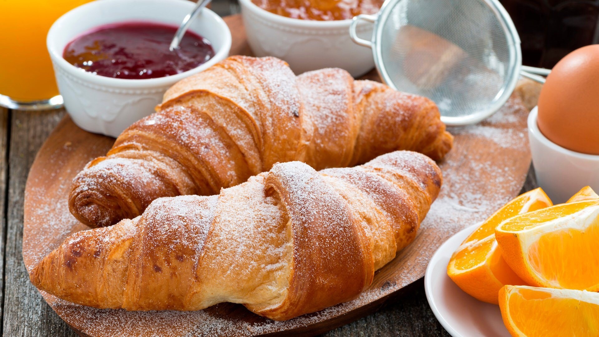 Croissants with jam, oranges, and egg HD Wallpaper