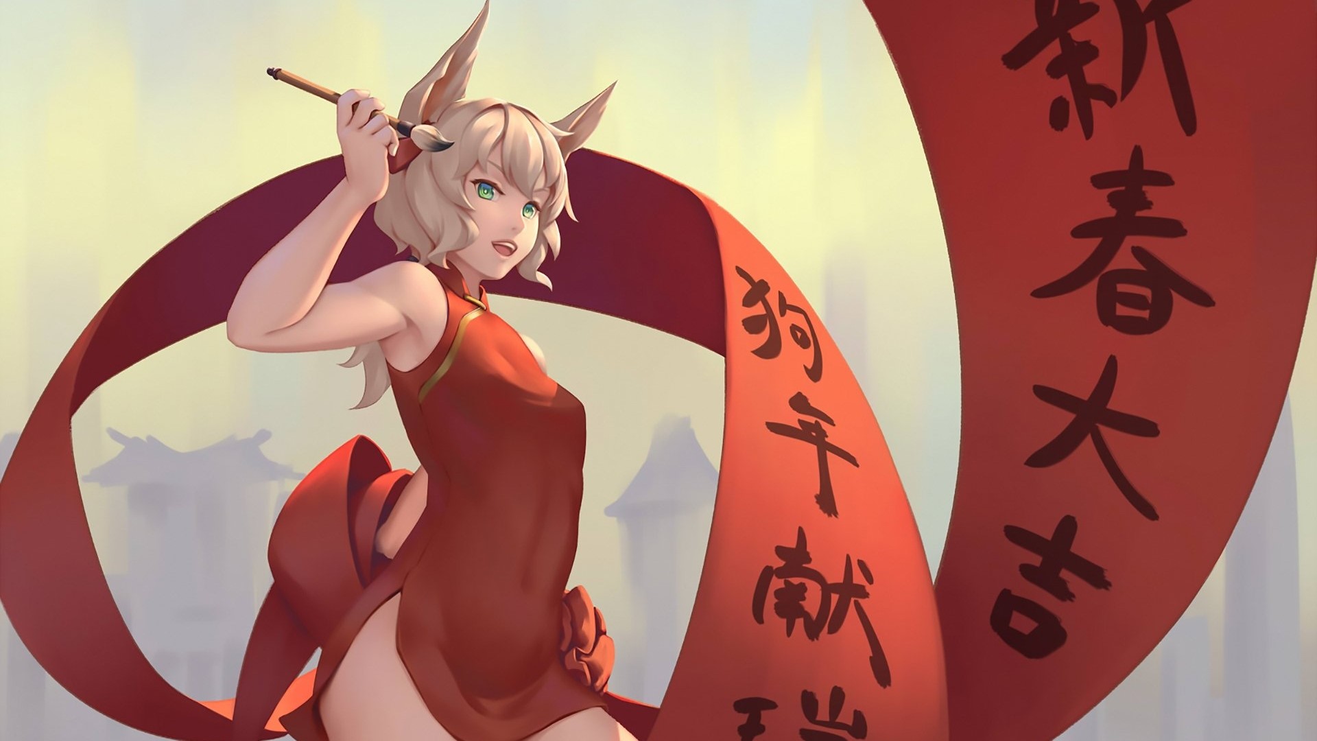Anime Girl in Red Dress with Chinese Scroll HD Wallpaper