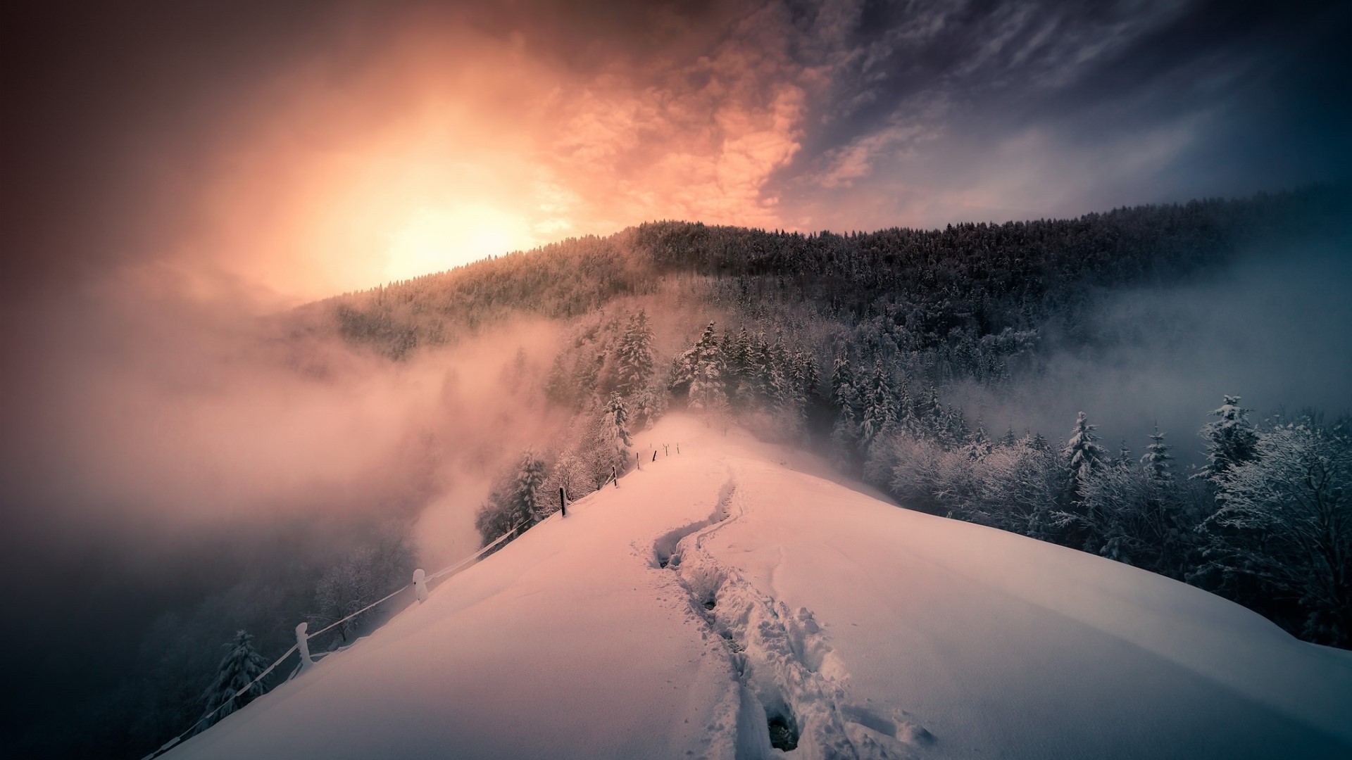Winter mountain ridge with footprints at sunrise HD Wallpaper