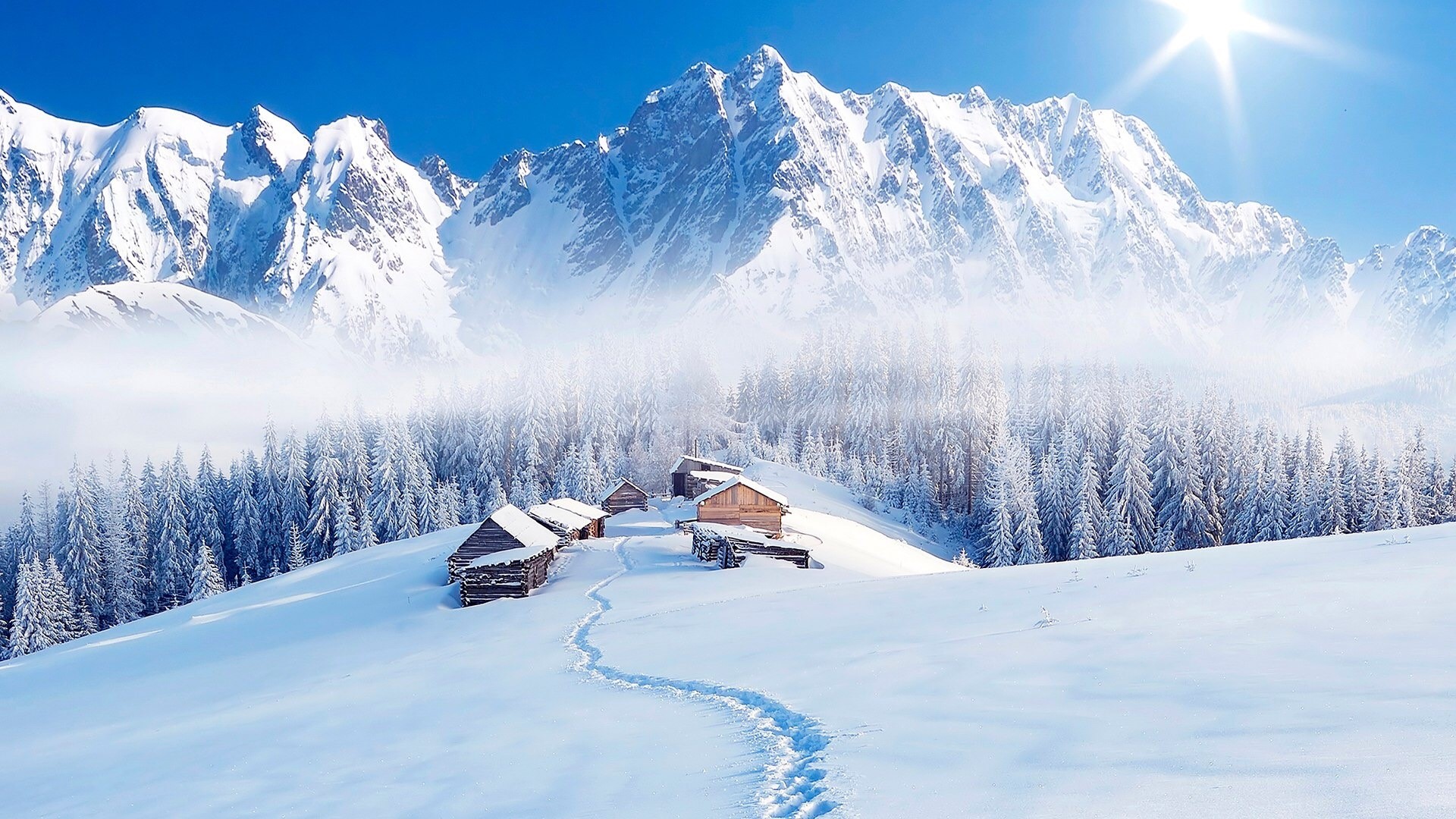 Snowy mountain landscape with cabins and pine trees HD Wallpaper