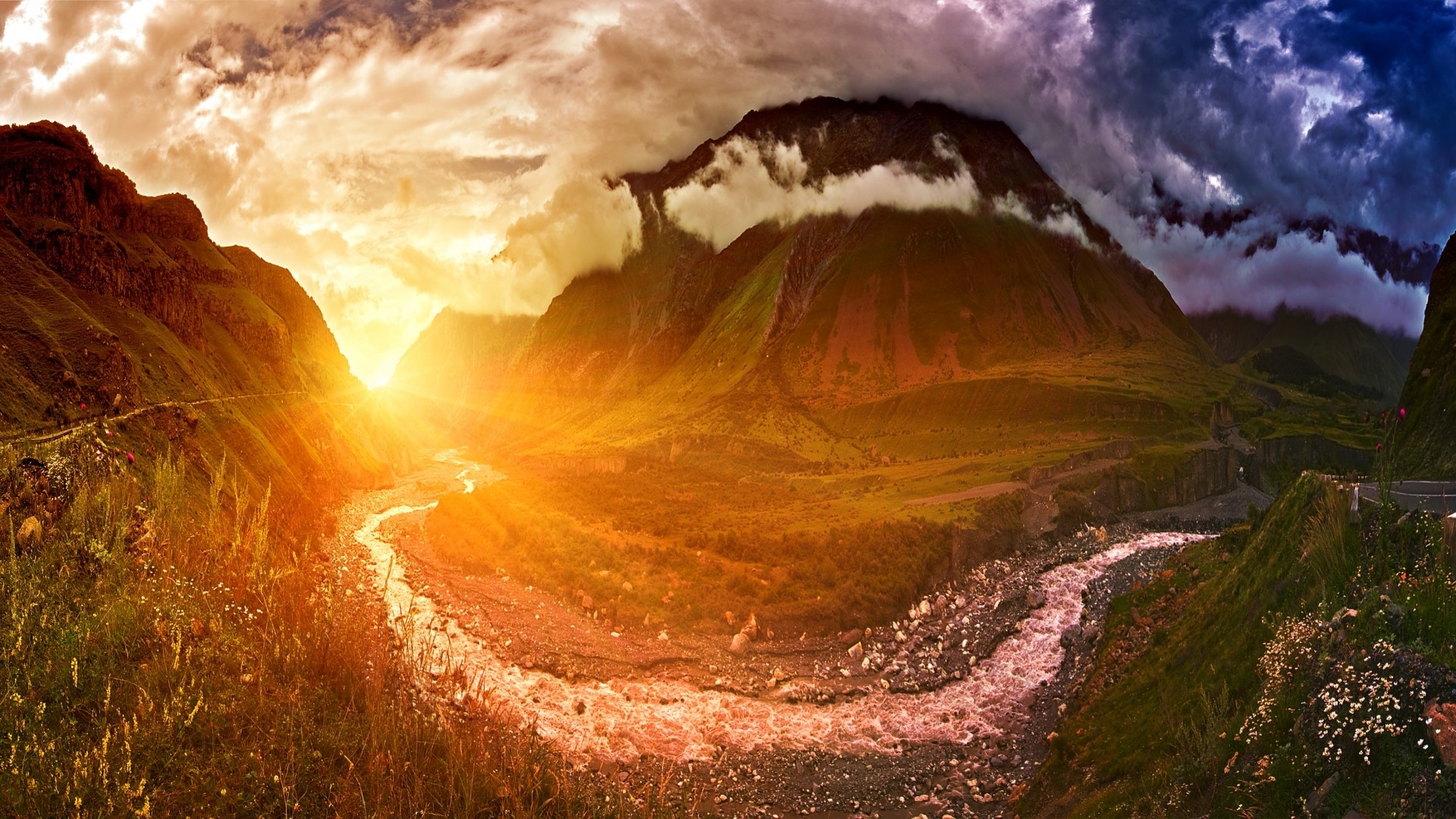 Sunrise over a river valley in the Caucasus Mountains HD Wallpaper