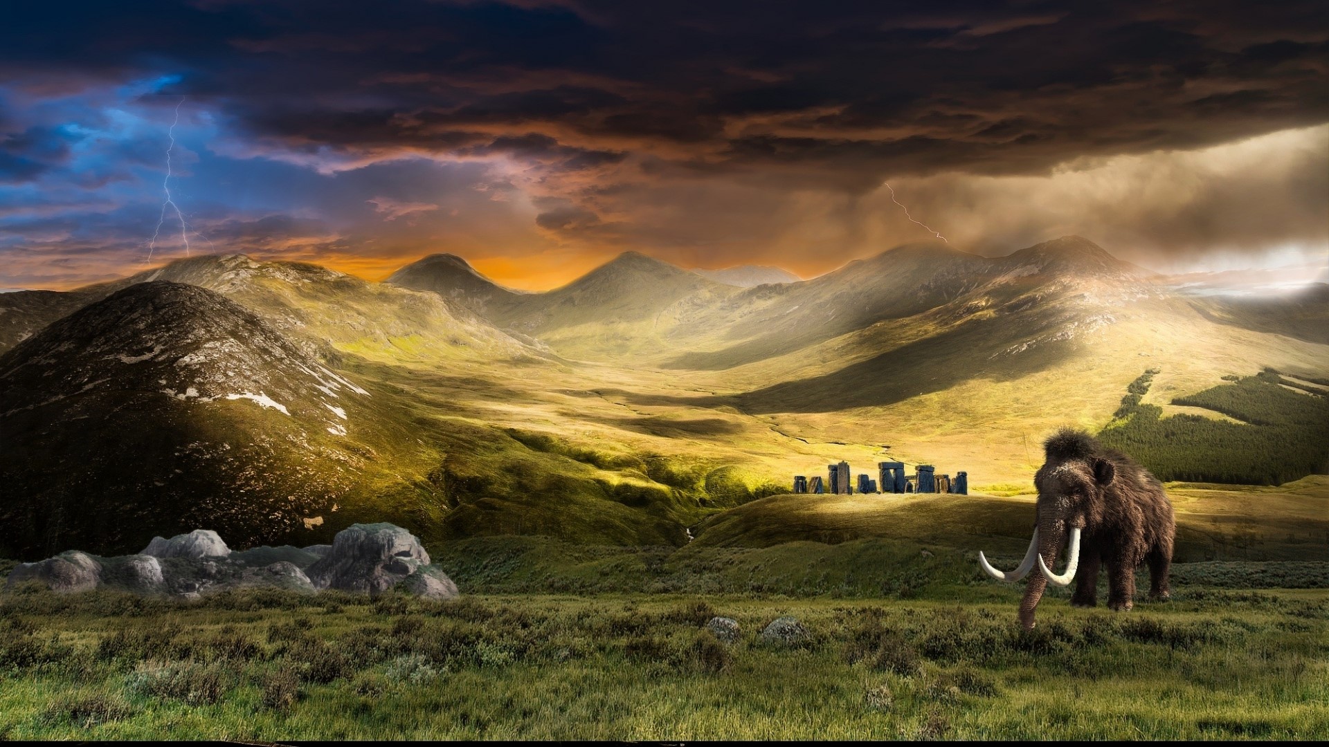 Mammoth in a prehistoric landscape with stone circle and lightning HD Wallpaper