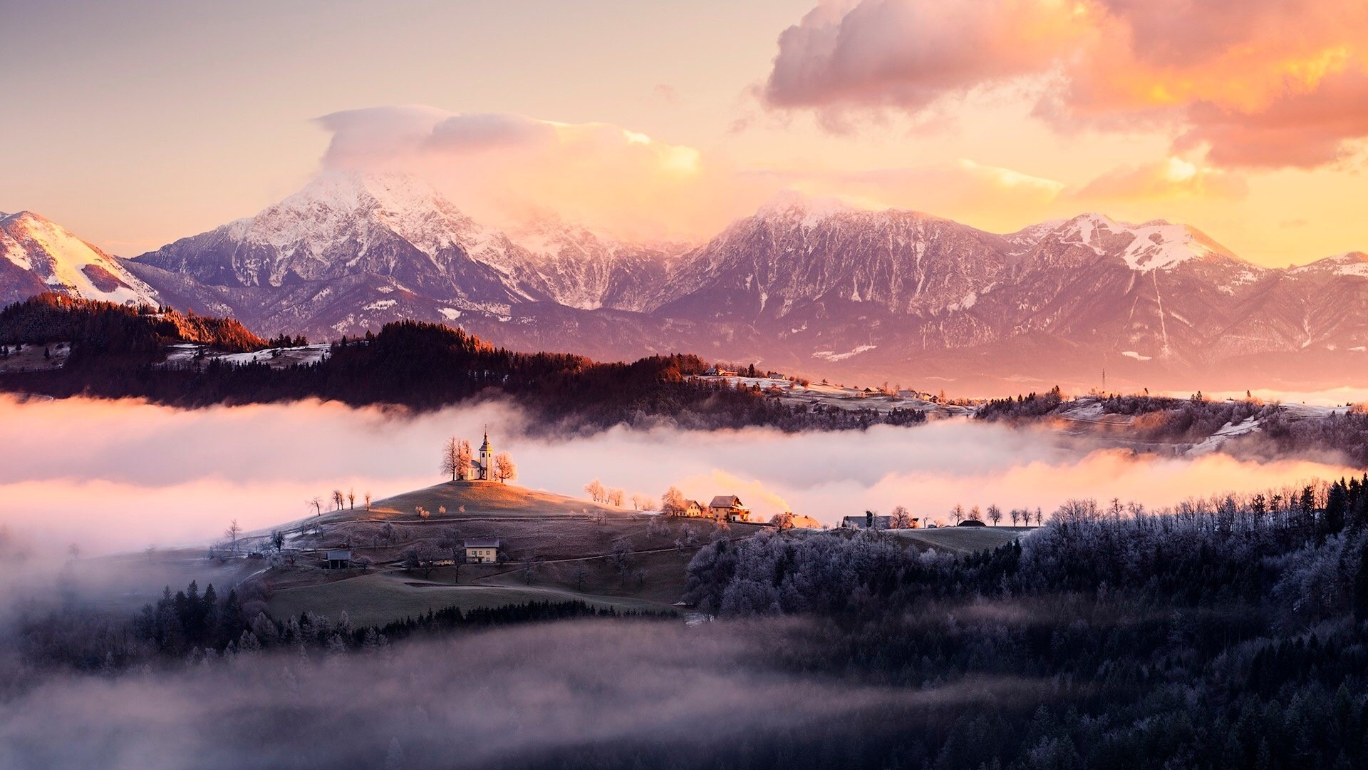 Church on a hill in Slovenia at sunrise HD Wallpaper