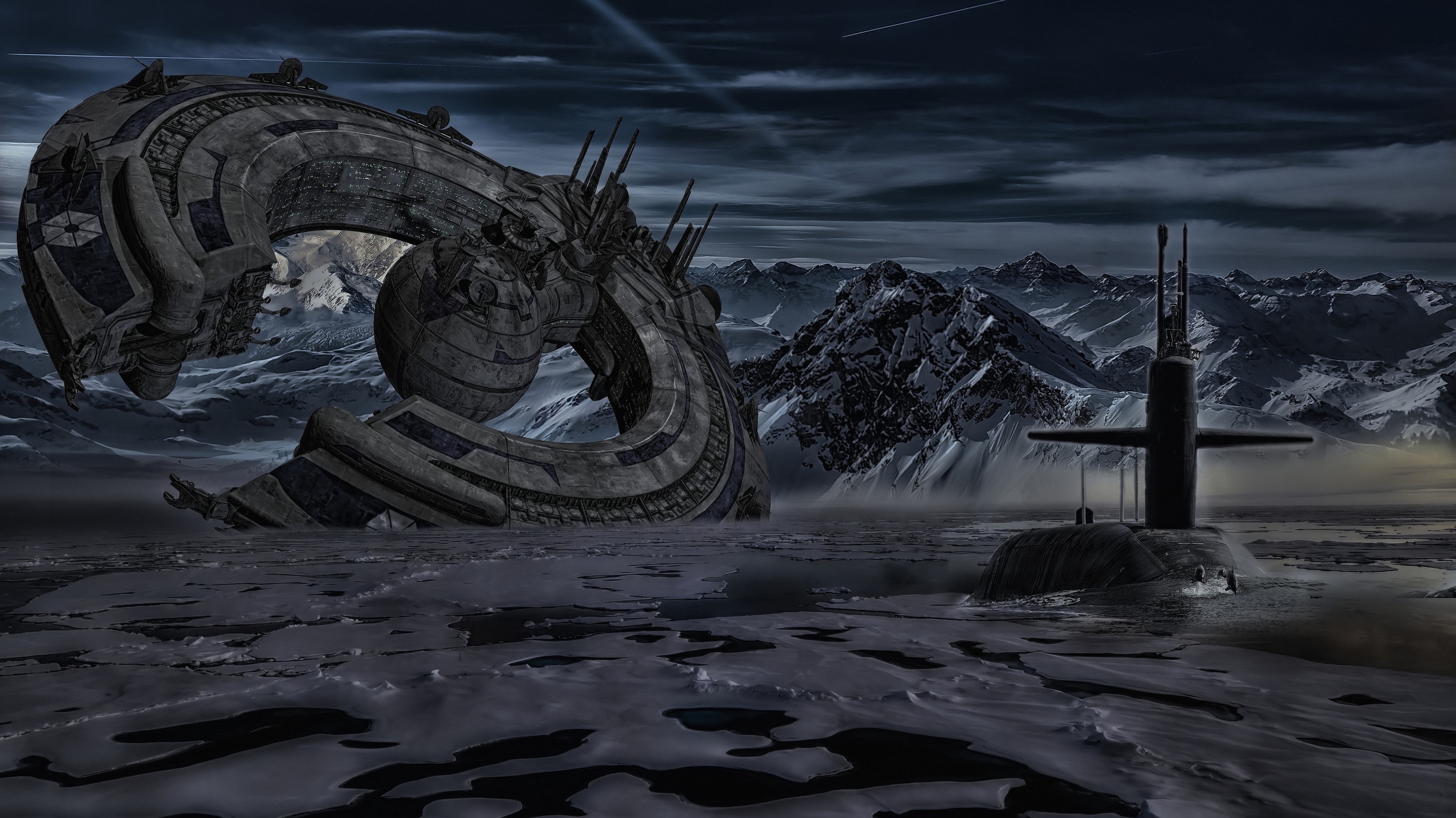 4K UFO and Submarine in Snowy Mountains HD Wallpaper