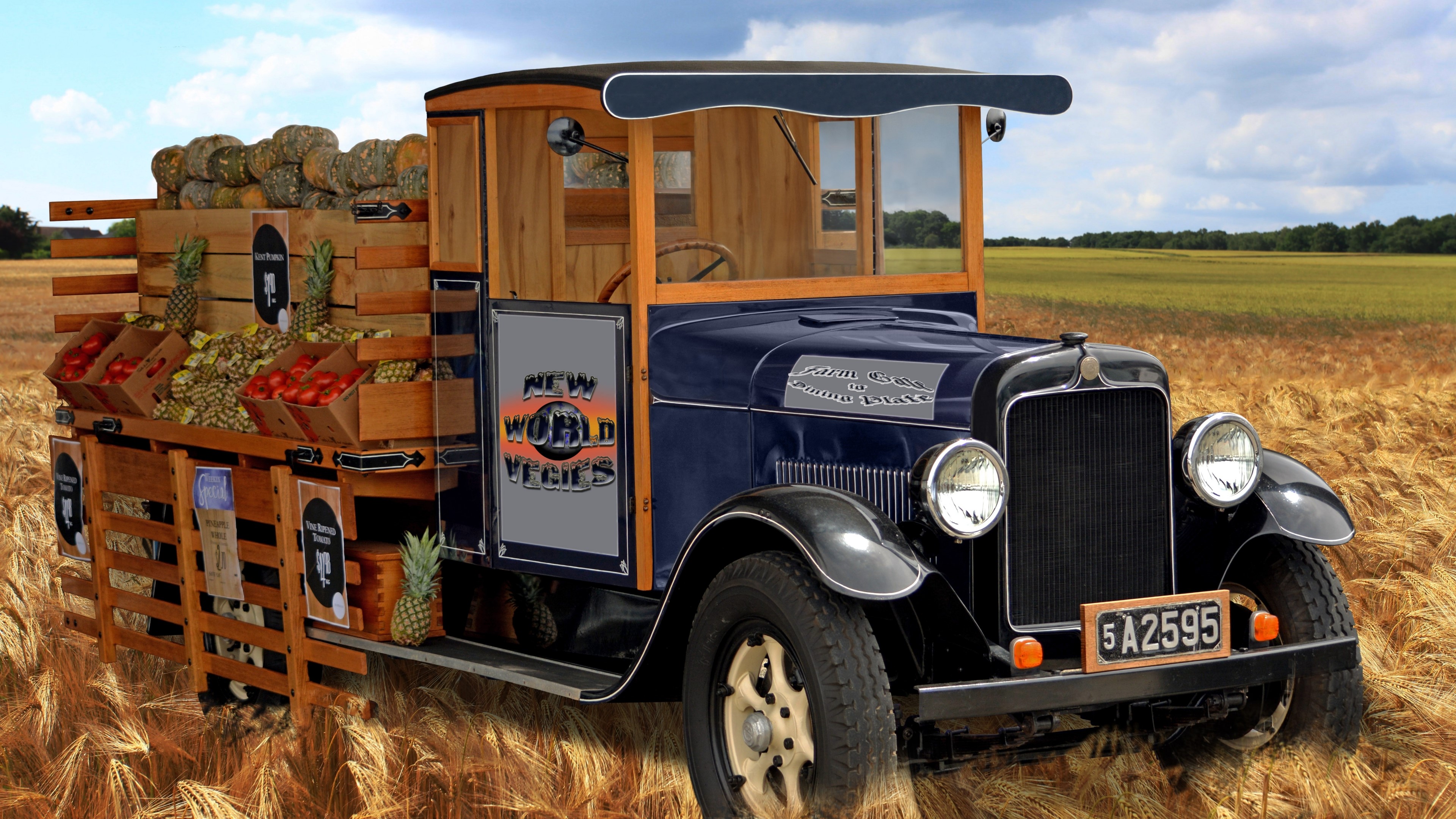 4K Retro truck with vegetables and fruits HD Wallpaper