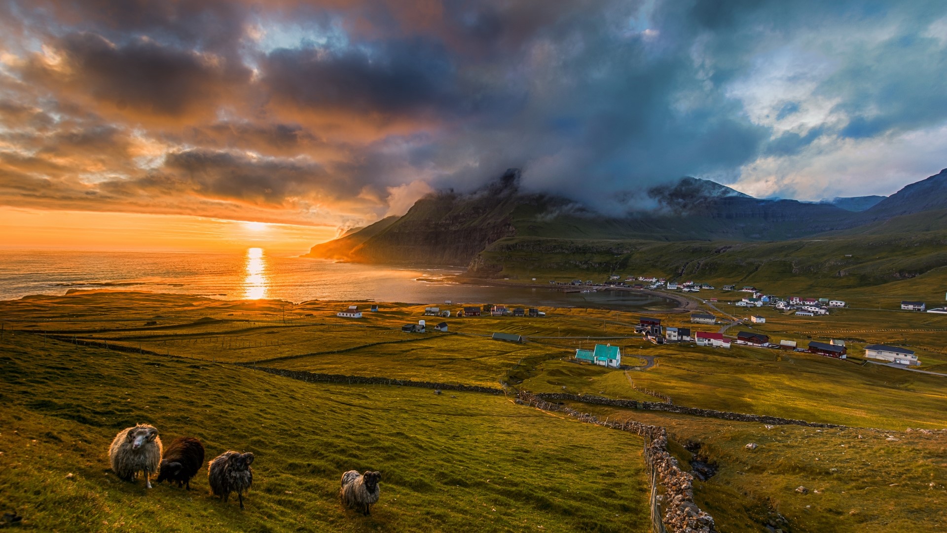 Famjin village, Faroe Islands at sunset HD Wallpaper
