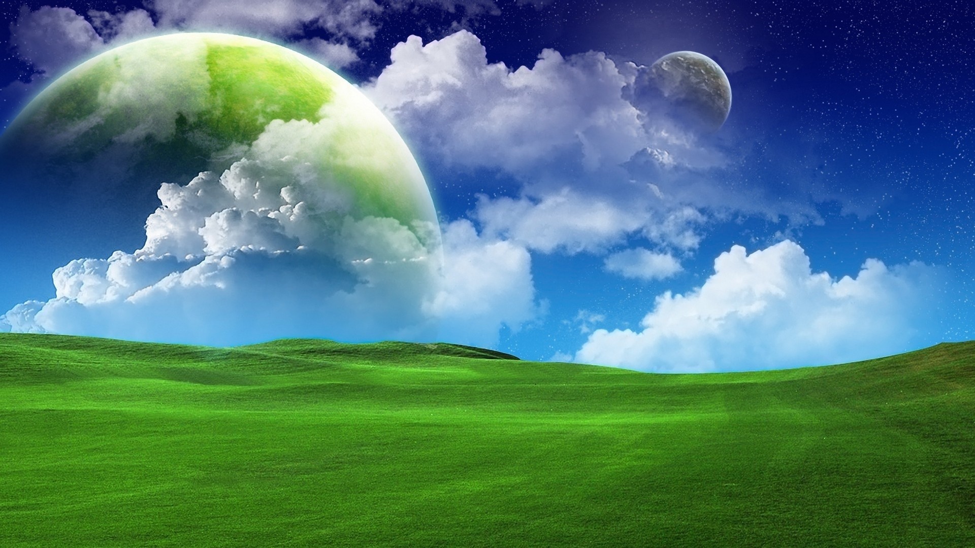 Green Planet and Moon in the Sky HD Wallpaper