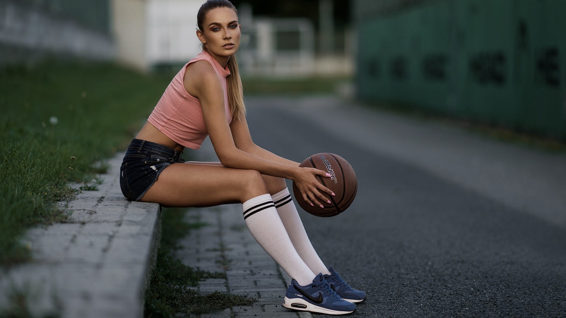 Woman with basketball wearing athletic clothing HD Wallpaper
