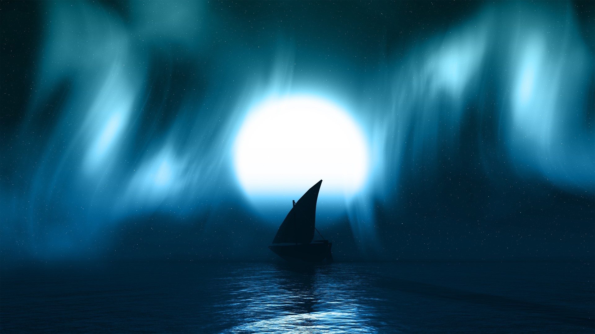 Sailboat under Aurora Borealis and full moon HD Wallpaper