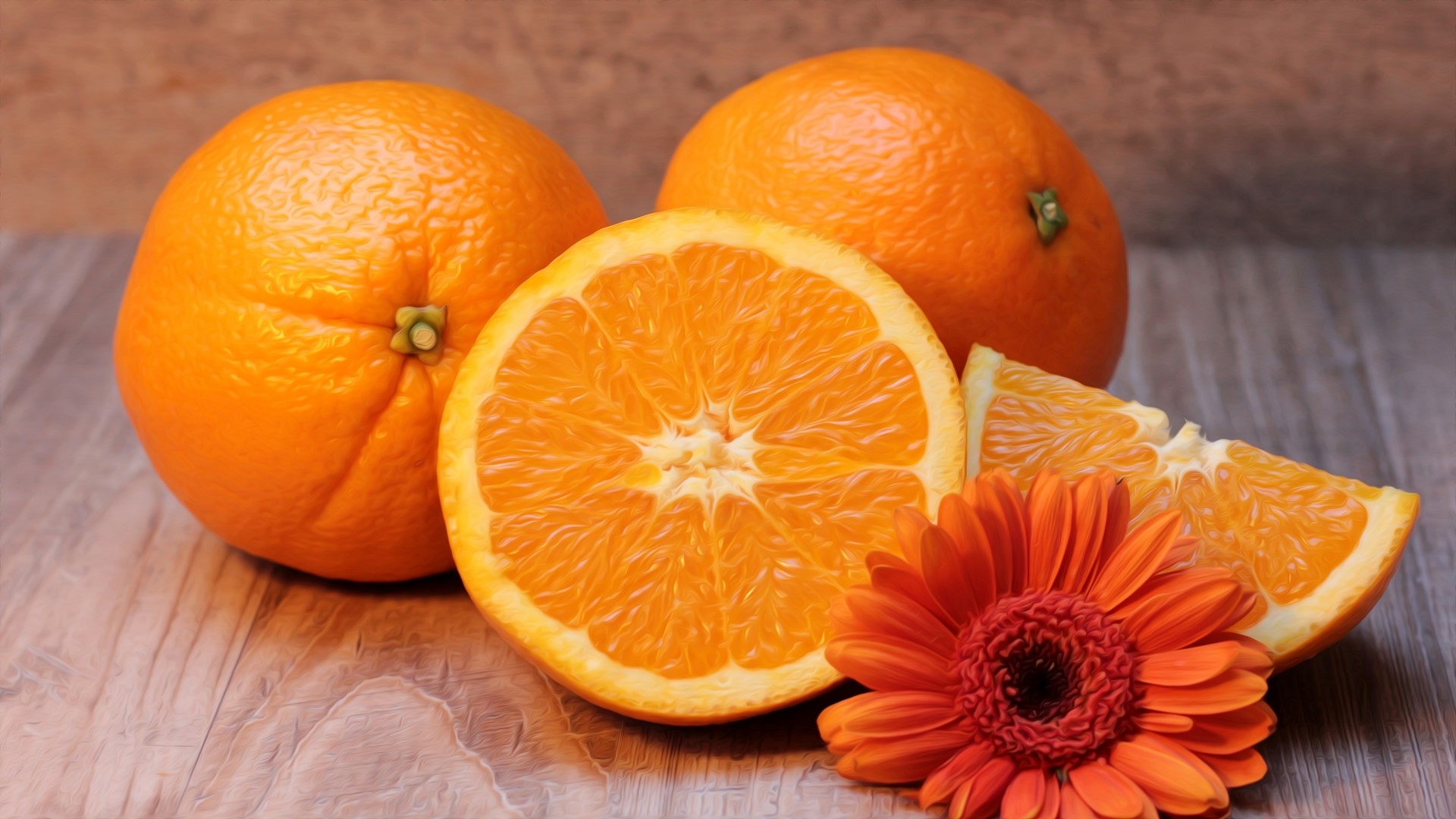 Oranges and a flower on a wooden surface HD Wallpaper