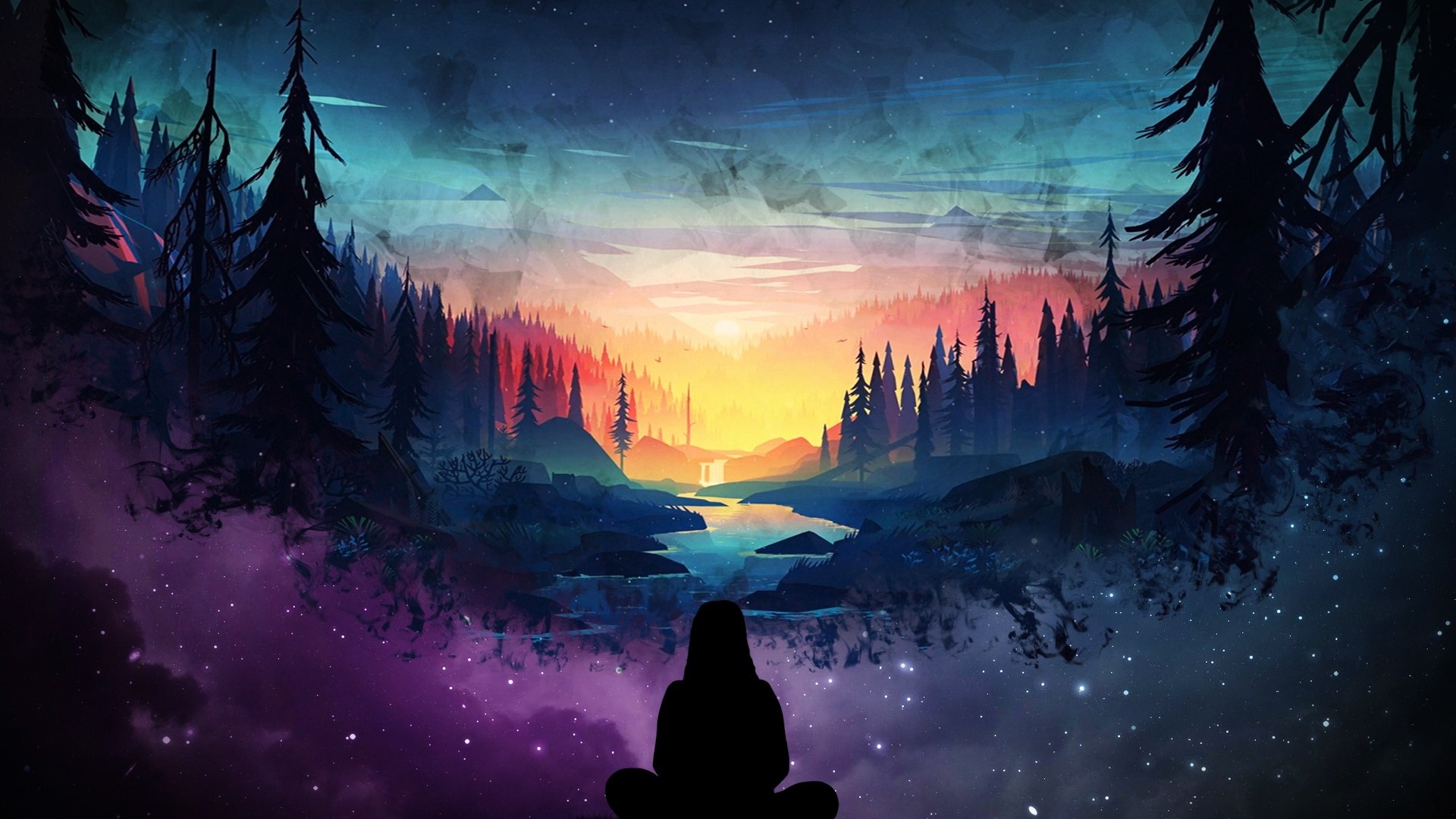 Silhouette of a person meditating at sunset HD Wallpaper