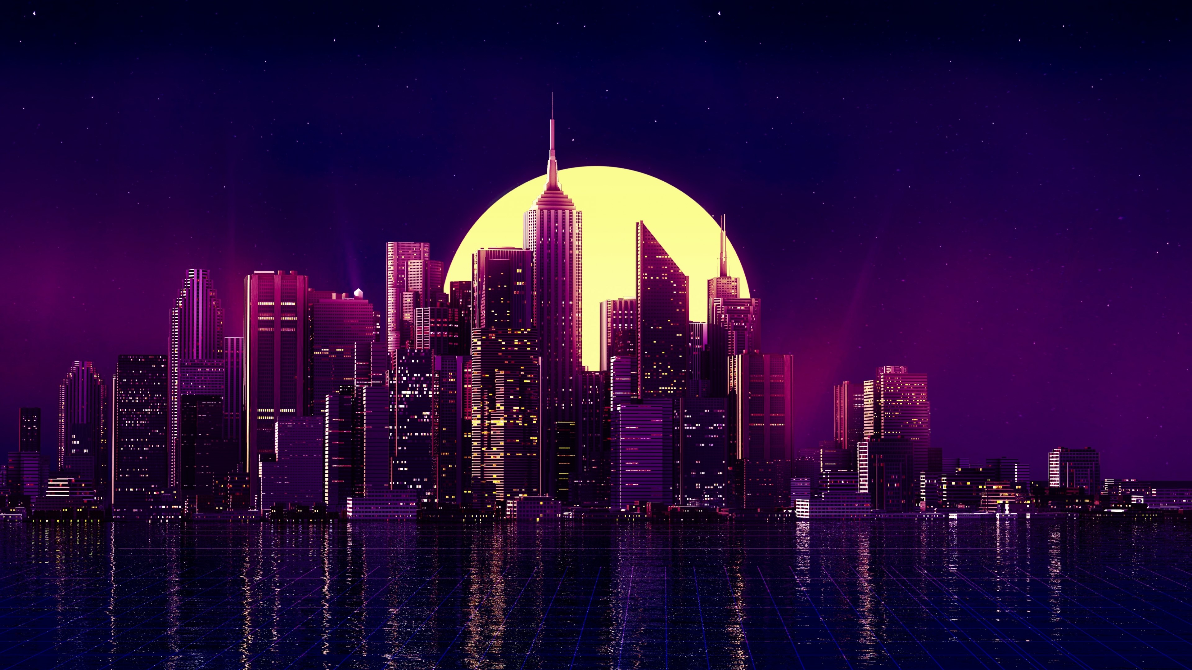 4K Retro Cityscape with Large Moon HD Wallpaper