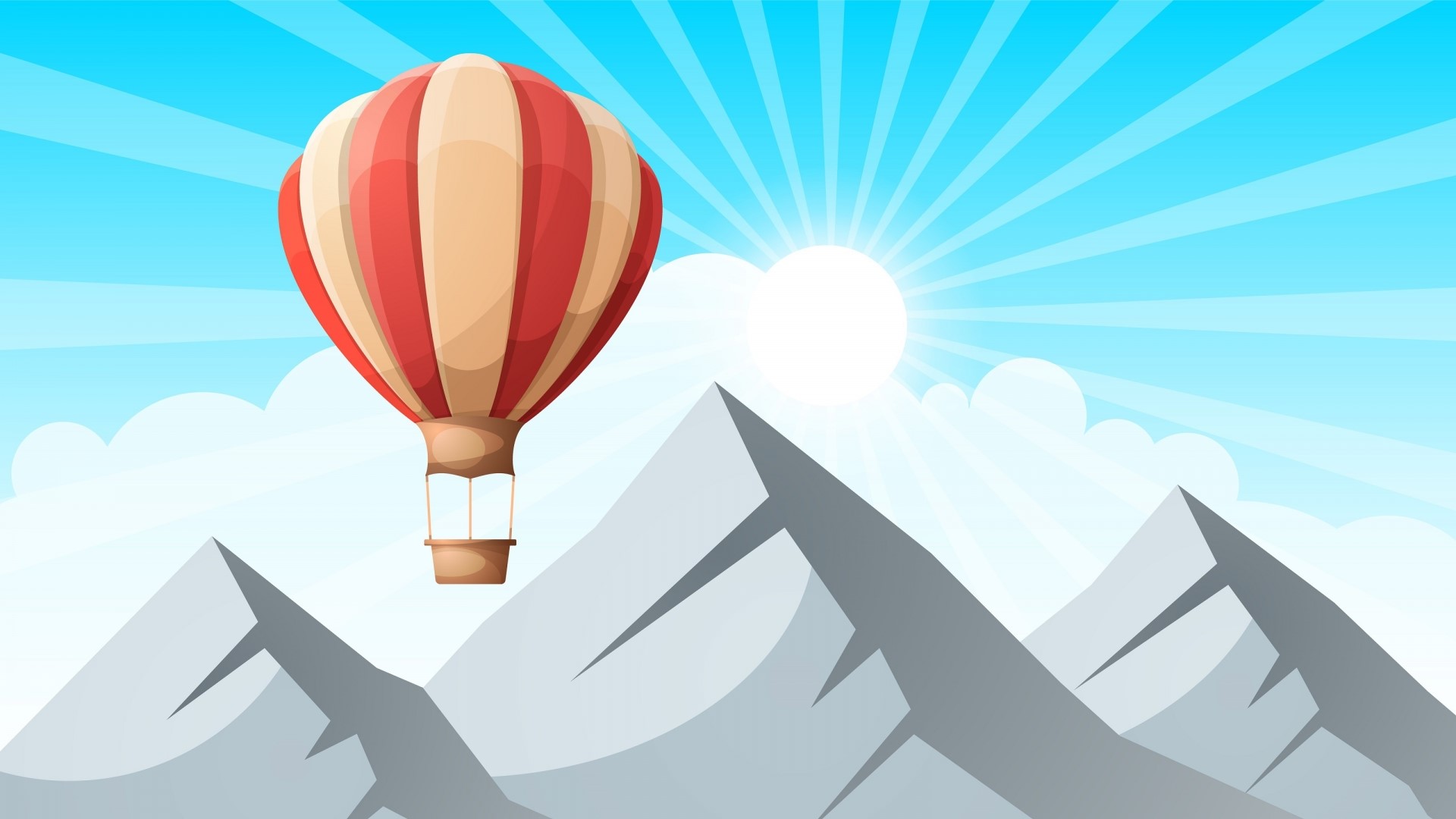 Hot air balloon over mountains with sun rays HD Wallpaper