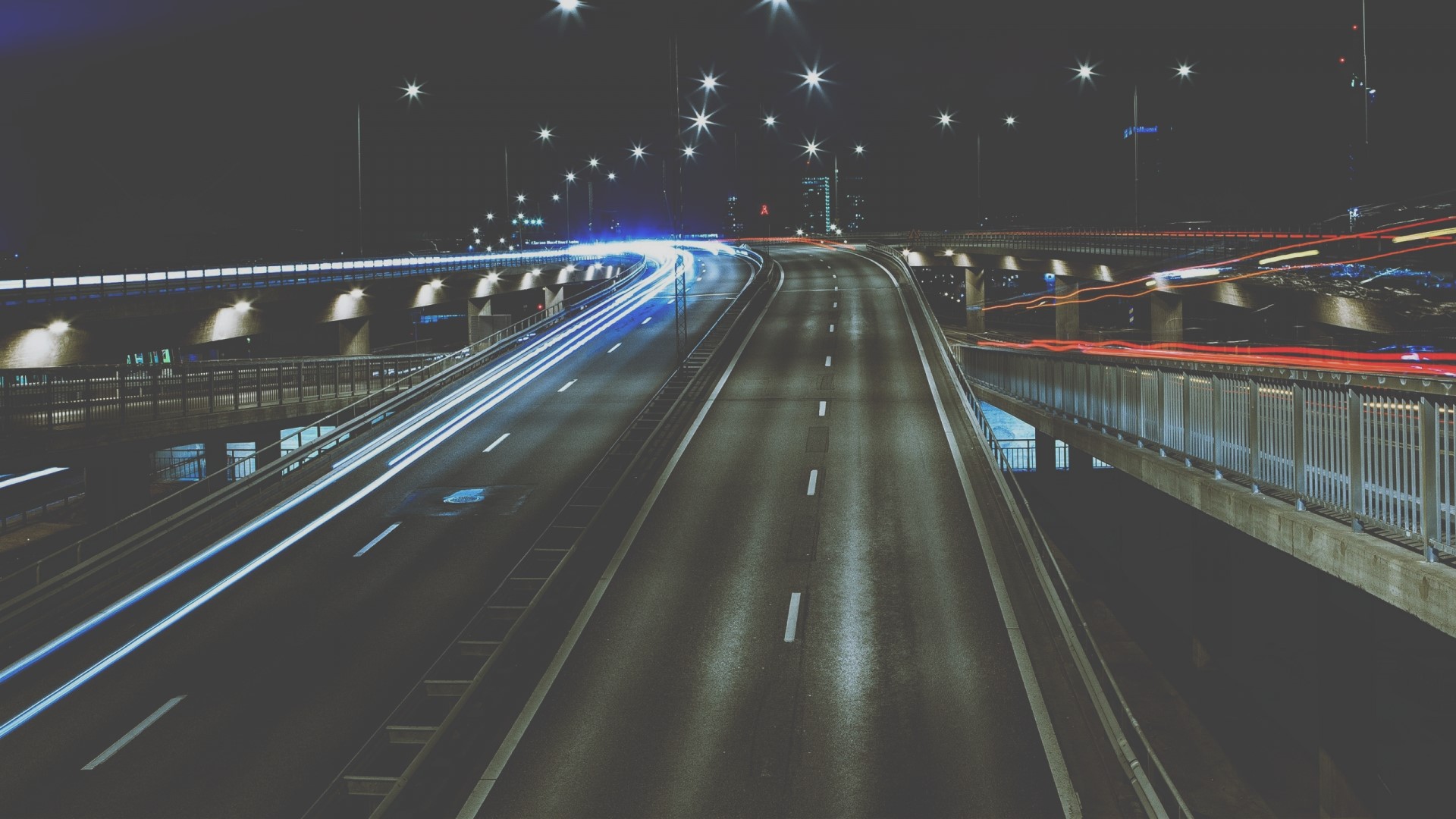 Night highway with light trails HD Wallpaper