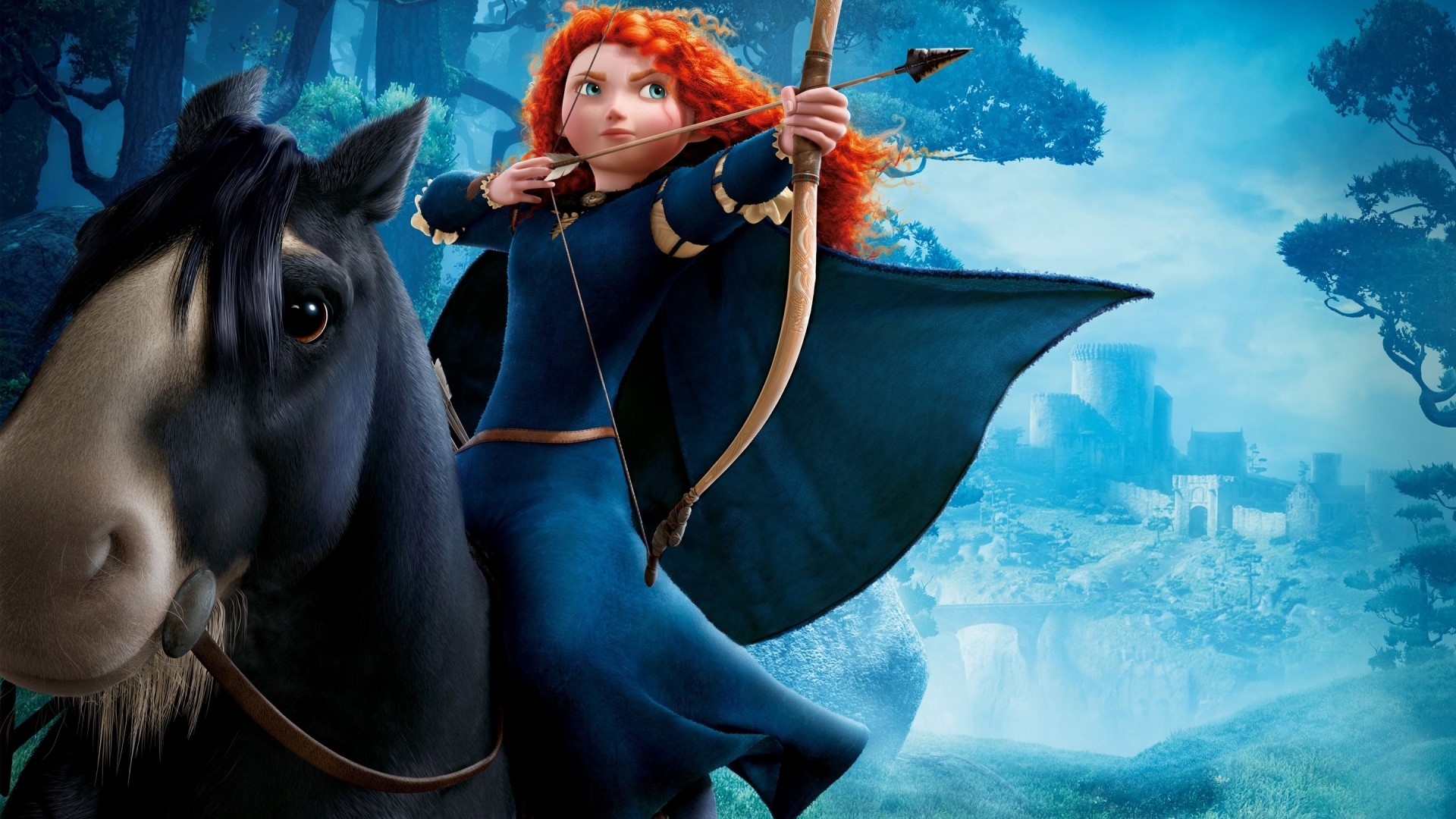 Merida from Brave riding a horse with a bow and arrow HD Wallpaper