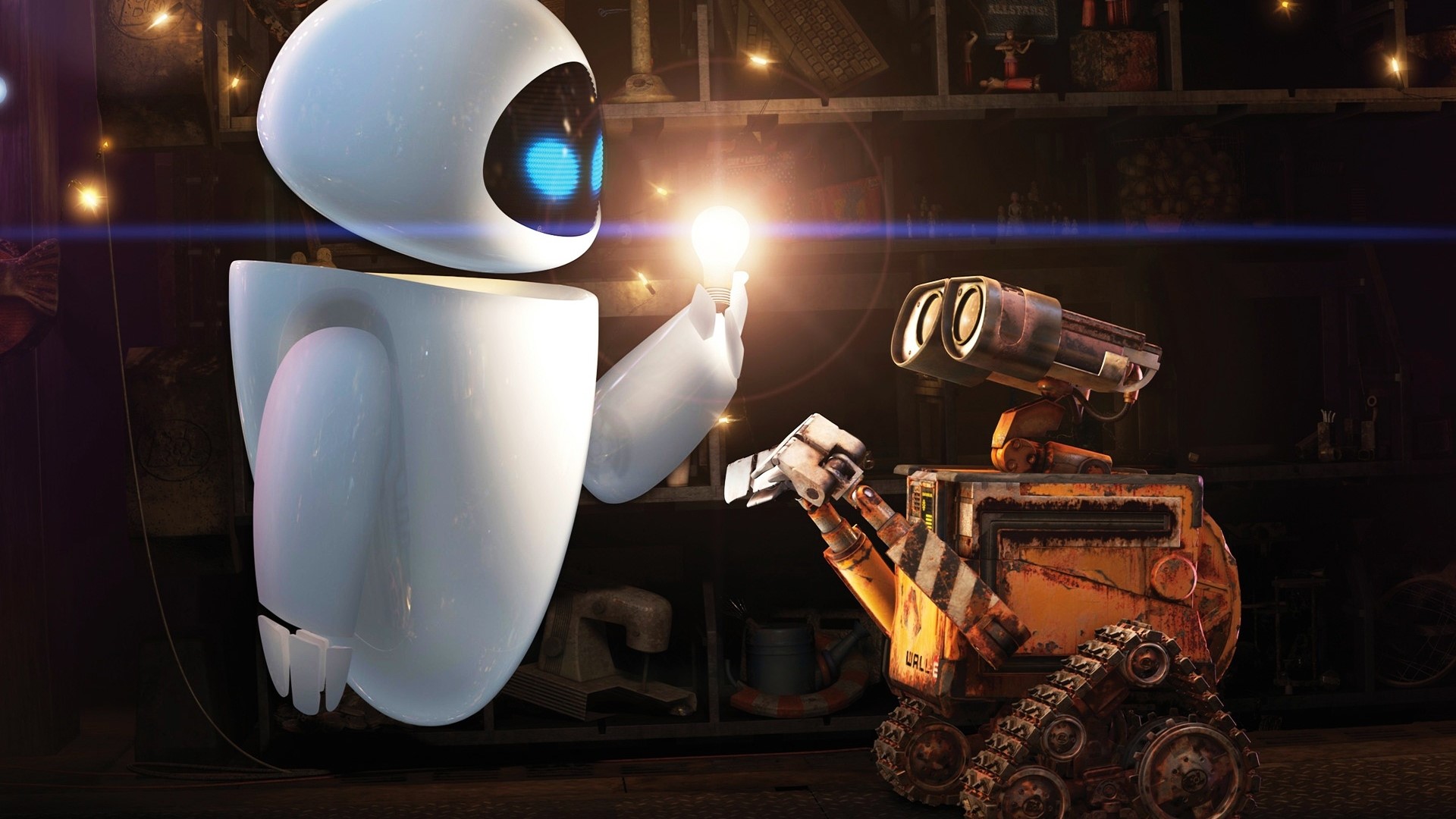 WALL-E and EVE with a lightbulb HD Wallpaper