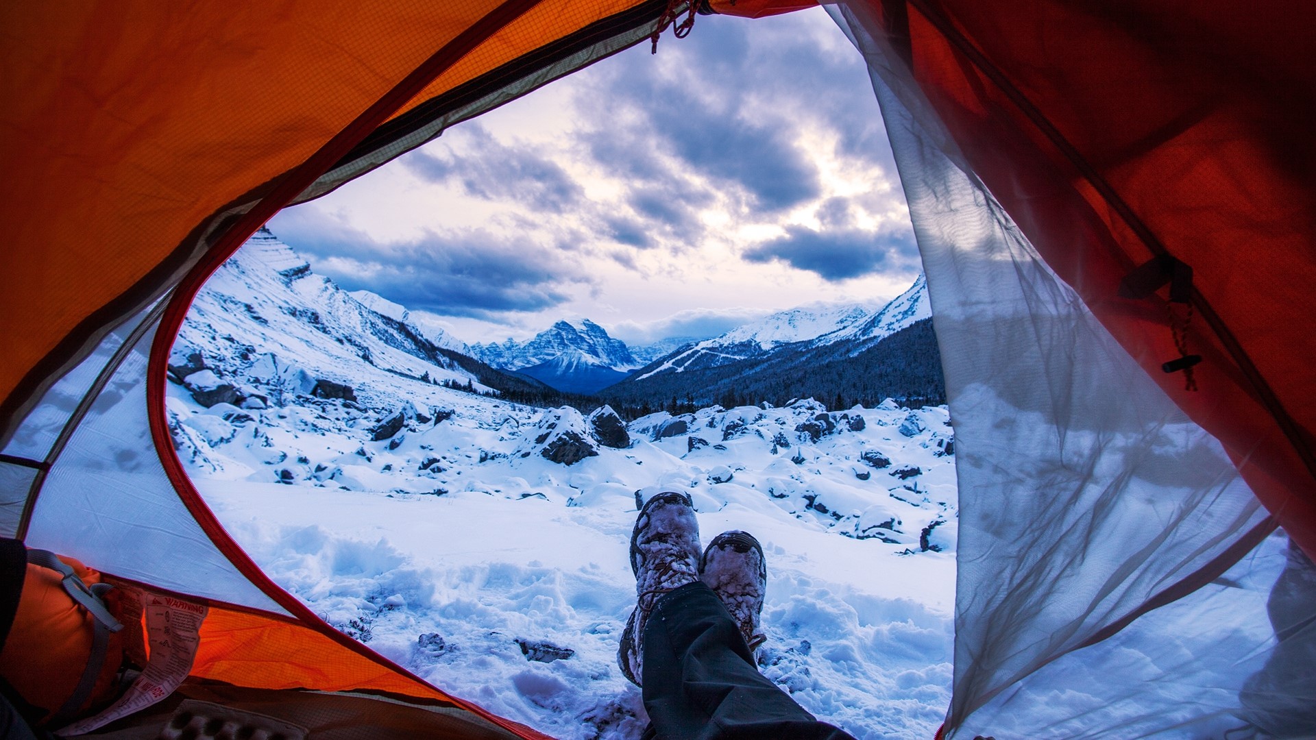 Tent view of snowy mountains in Alberta, Canada HD Wallpaper