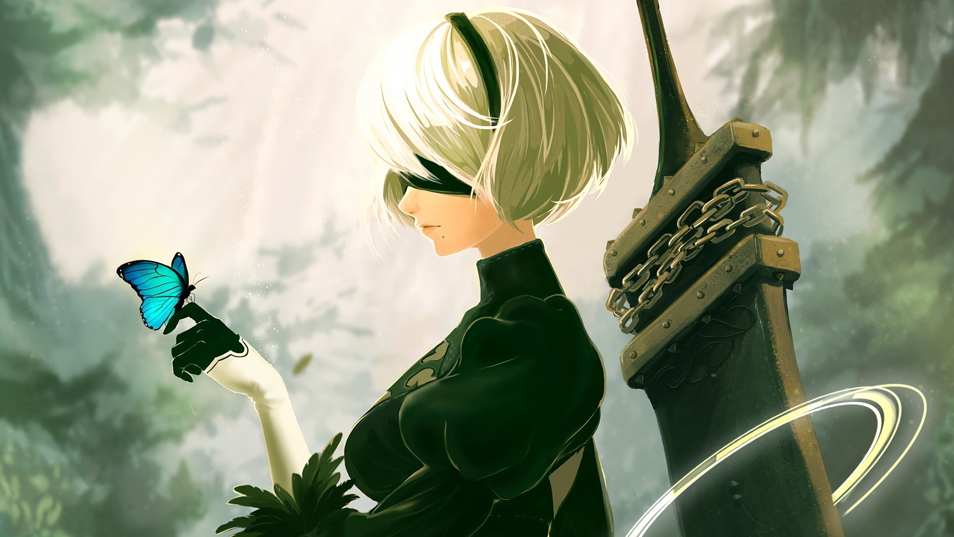 2B from NieR: Automata with a butterfly HD Wallpaper