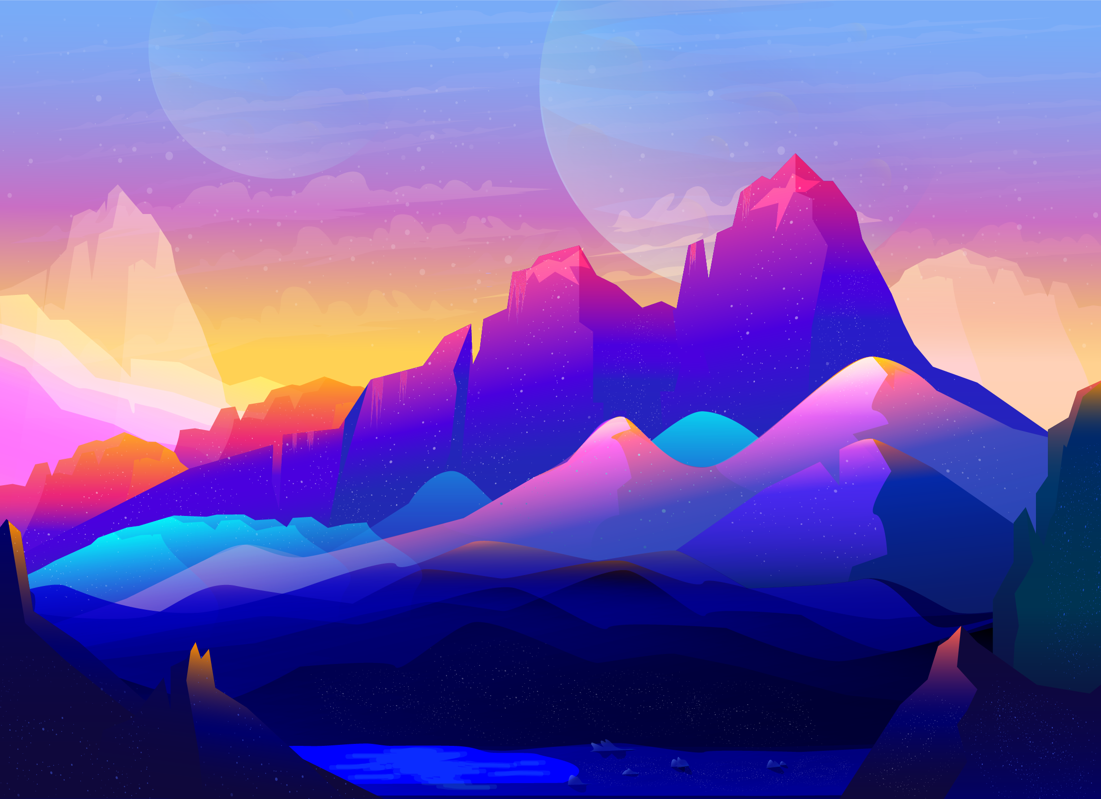 Neon mountains with colorful sky and planets HD Wallpaper