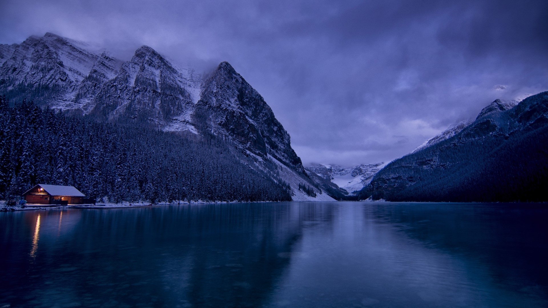 Cabin by Lake Louise in Winter HD Wallpaper