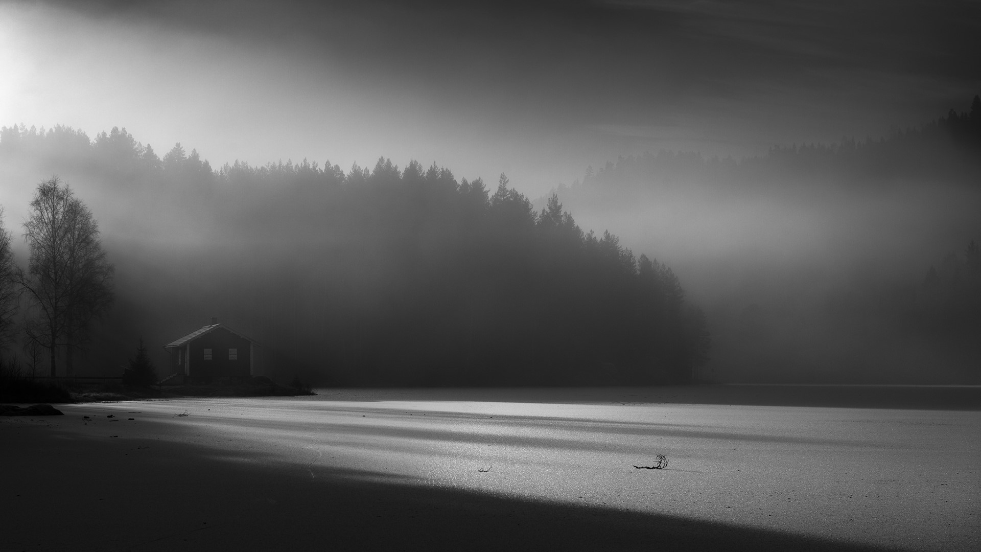 Misty lake with cabin and forest HD Wallpaper