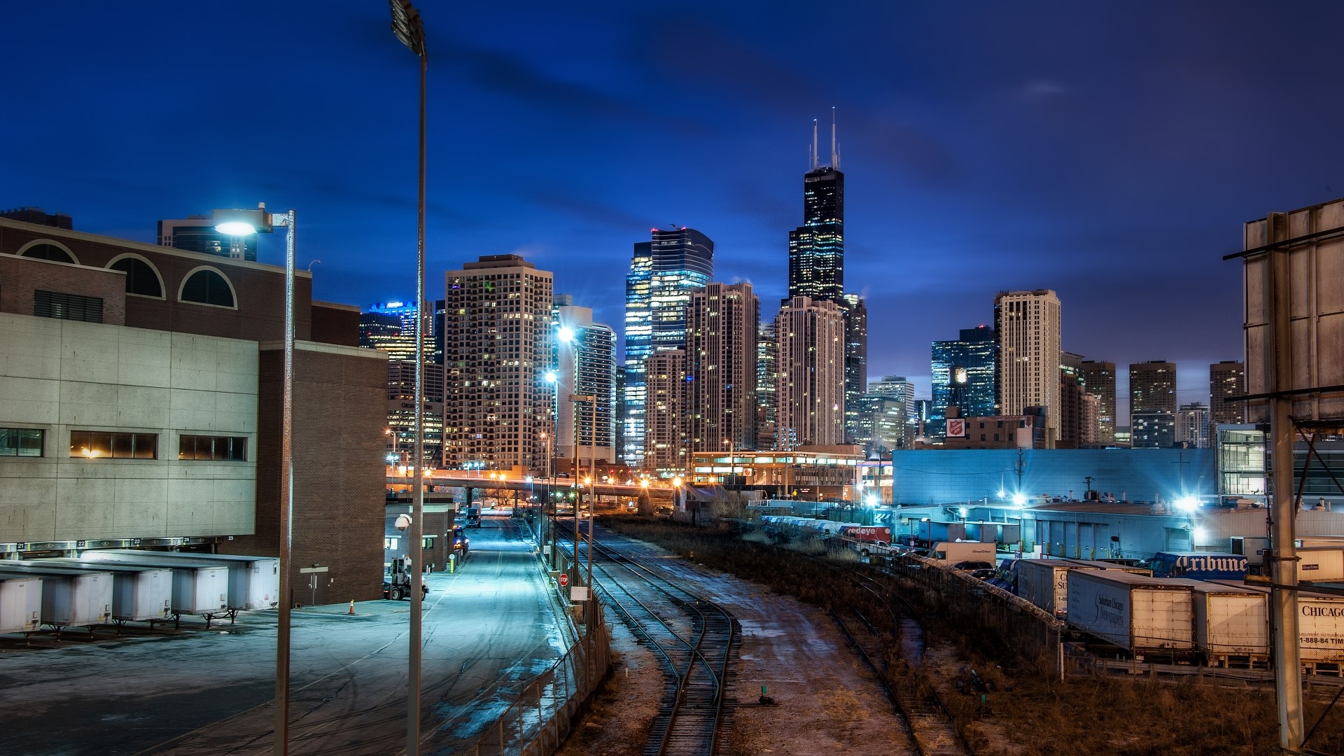 Chicago Skyline at Night with Train Tracks HD Wallpaper