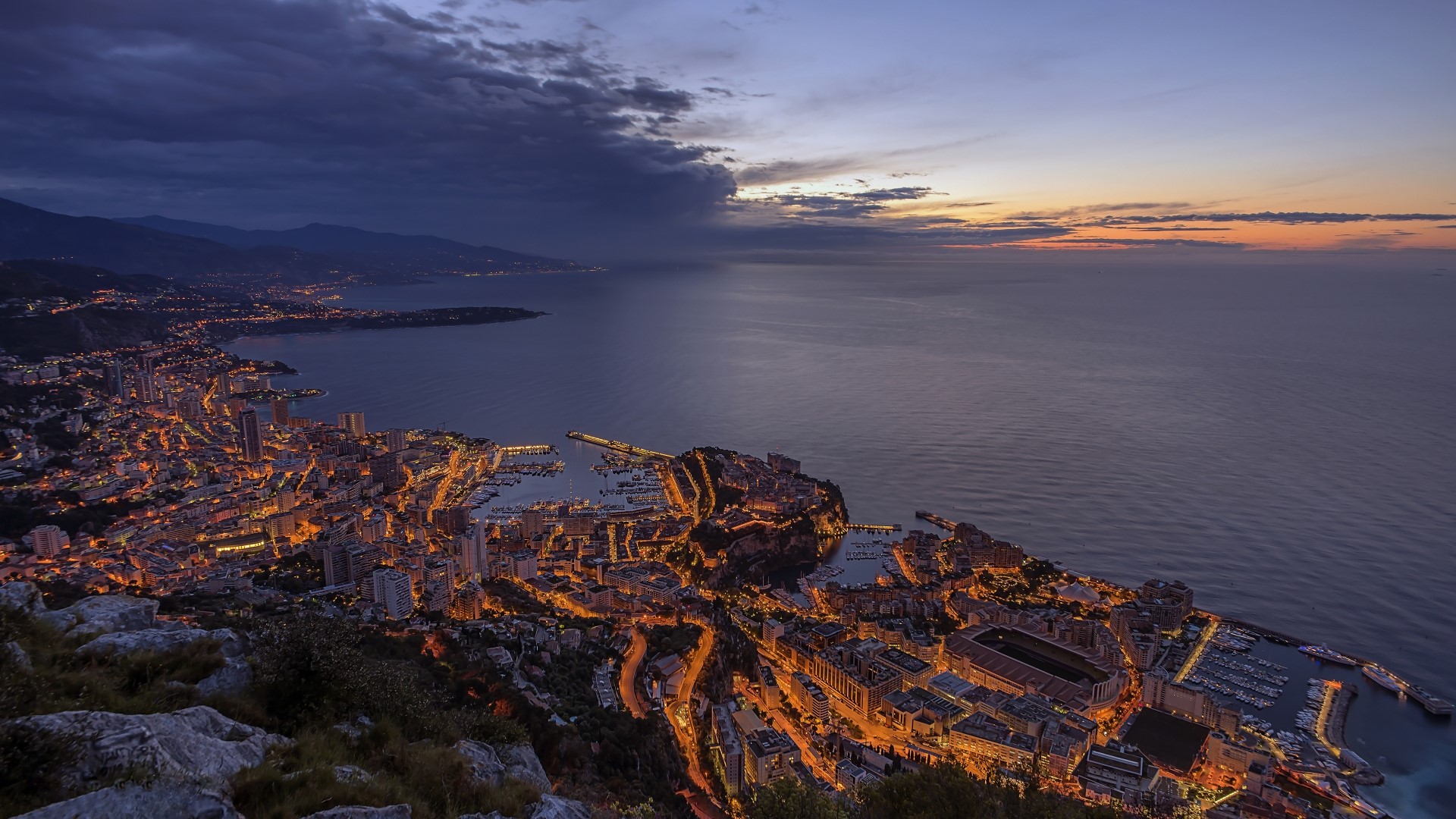 Monaco cityscape at dusk from a high vantage point HD Wallpaper