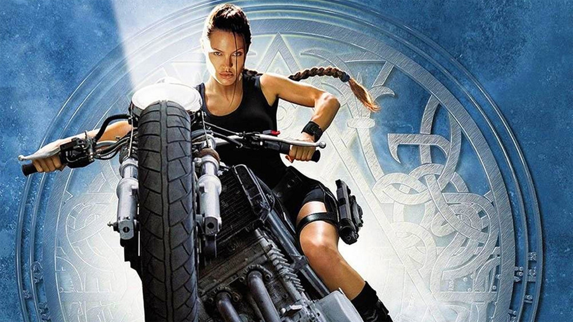 Lara Croft from Tomb Raider on a Motorcycle HD Wallpaper