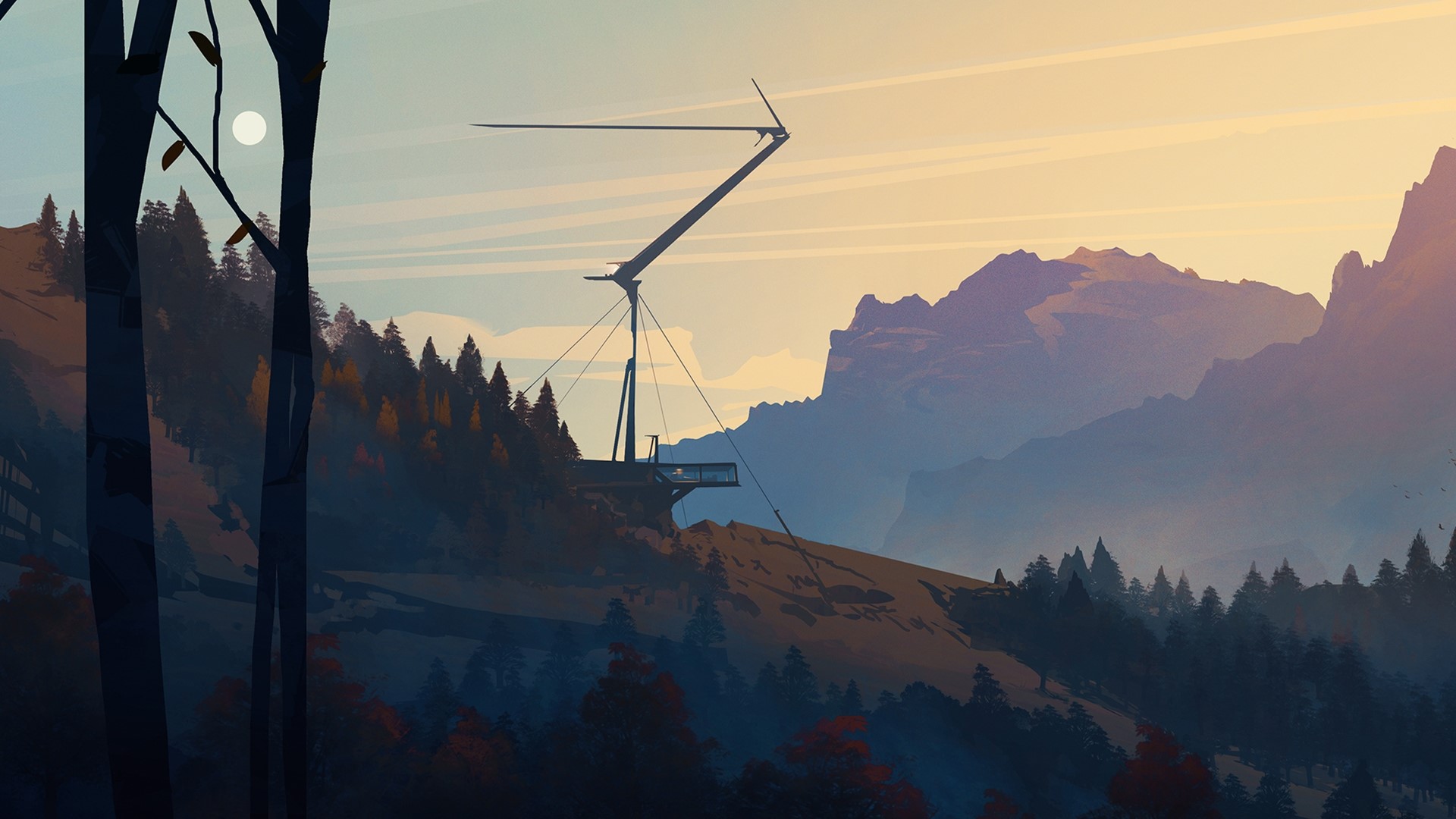 Mountain landscape with futuristic structure at sunset HD Wallpaper