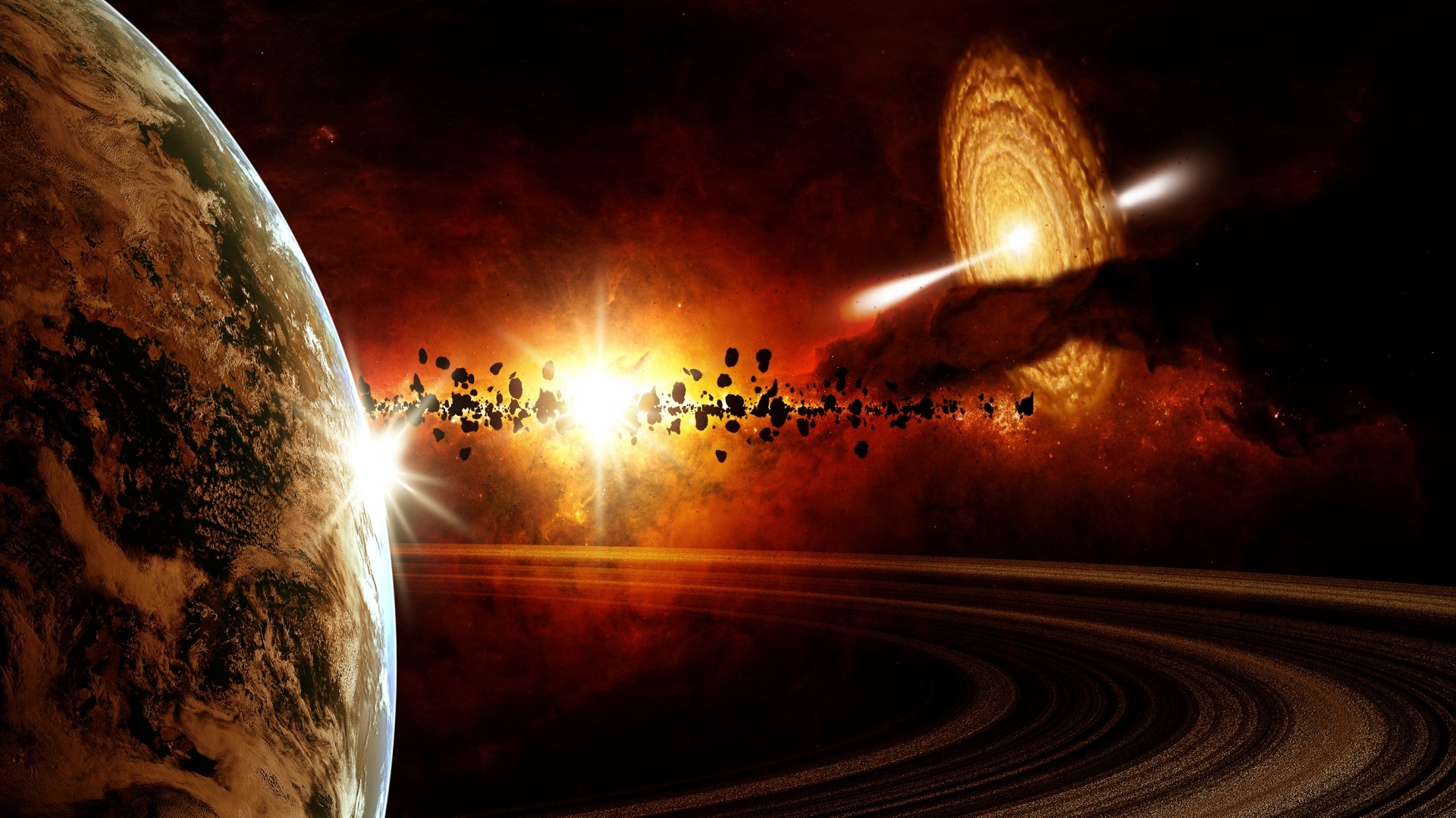 Planet and asteroid belt near a black hole HD Wallpaper