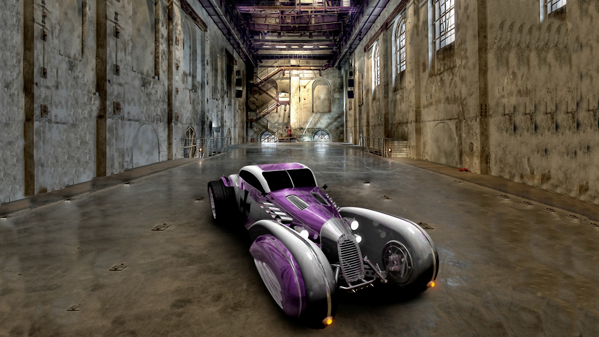 Purple and silver custom car in an abandoned industrial building HD Wallpaper