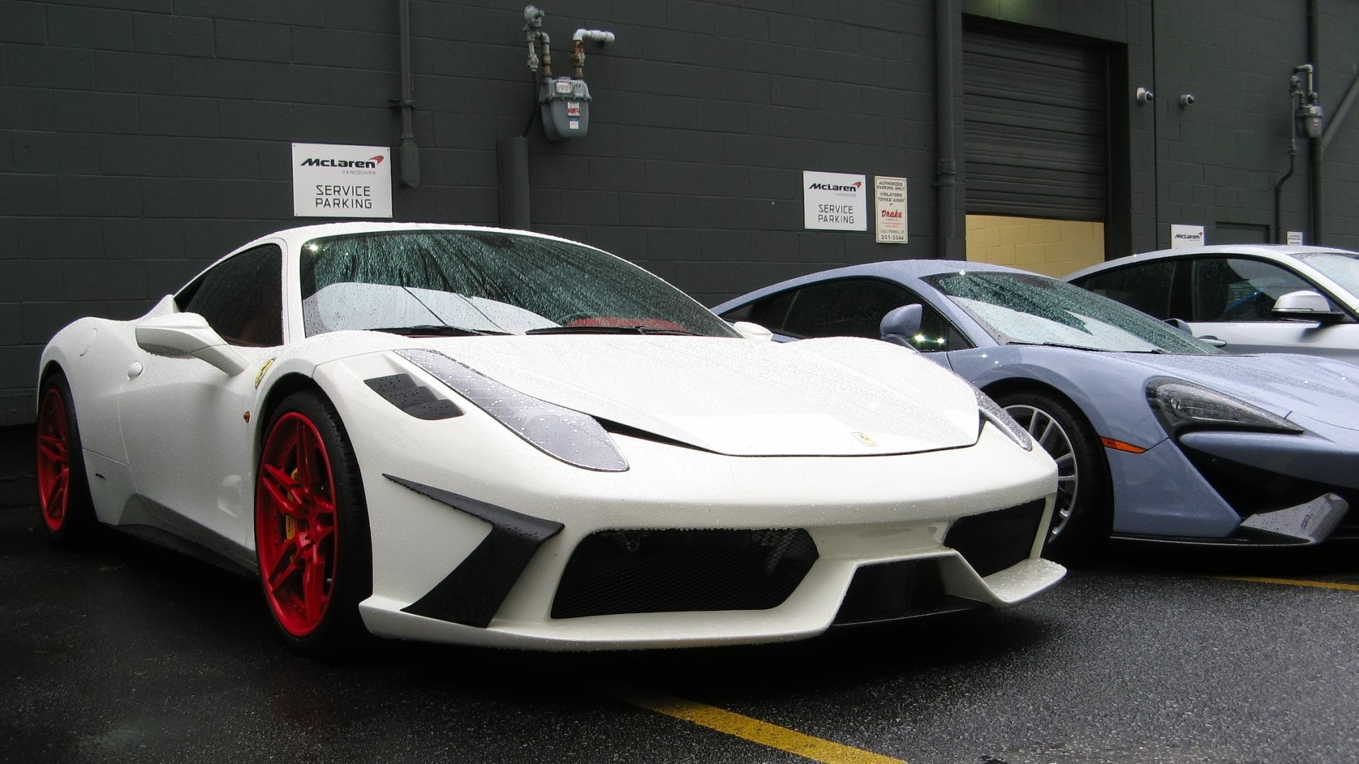 White Ferrari with red wheels and McLaren cars HD Wallpaper