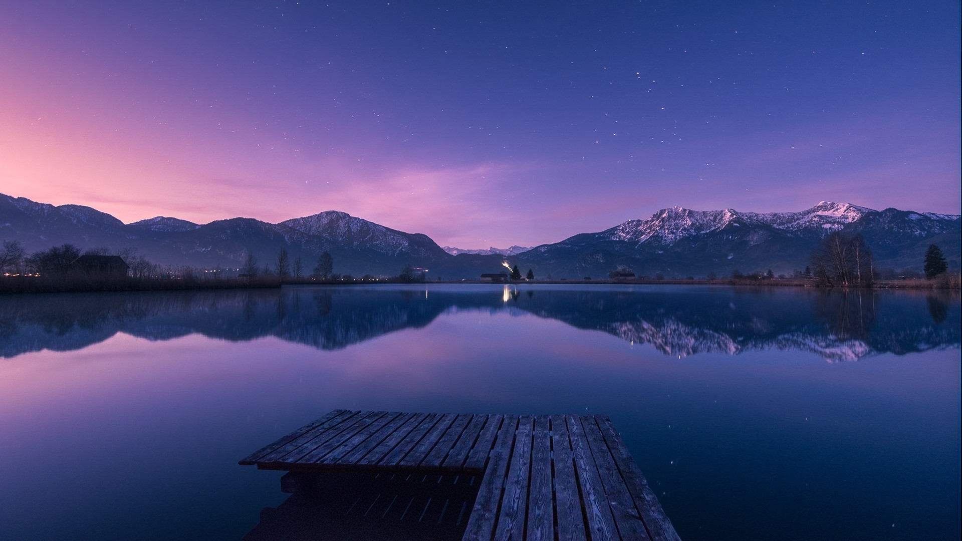 Wooden dock on a calm lake with Bavarian Alps at twilight HD Wallpaper