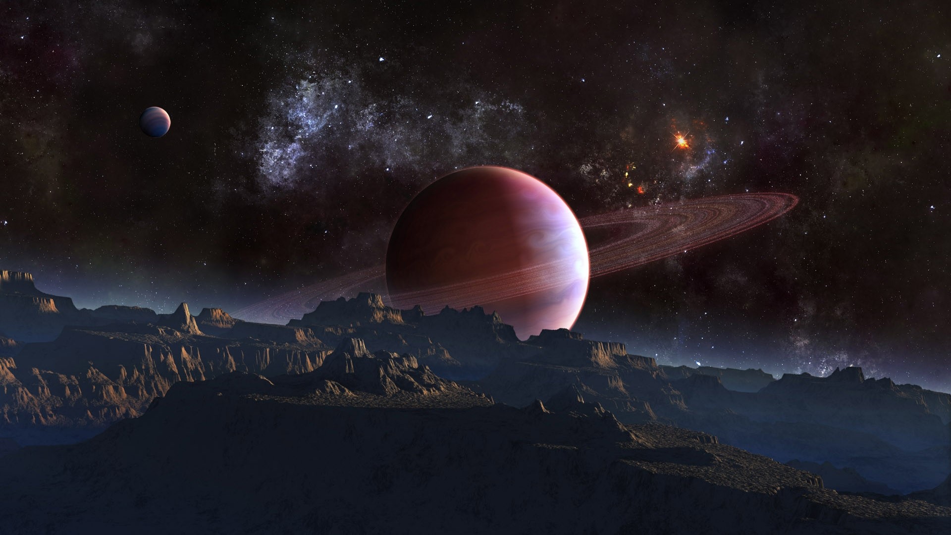 Alien planet landscape with ringed planet and nebula HD Wallpaper