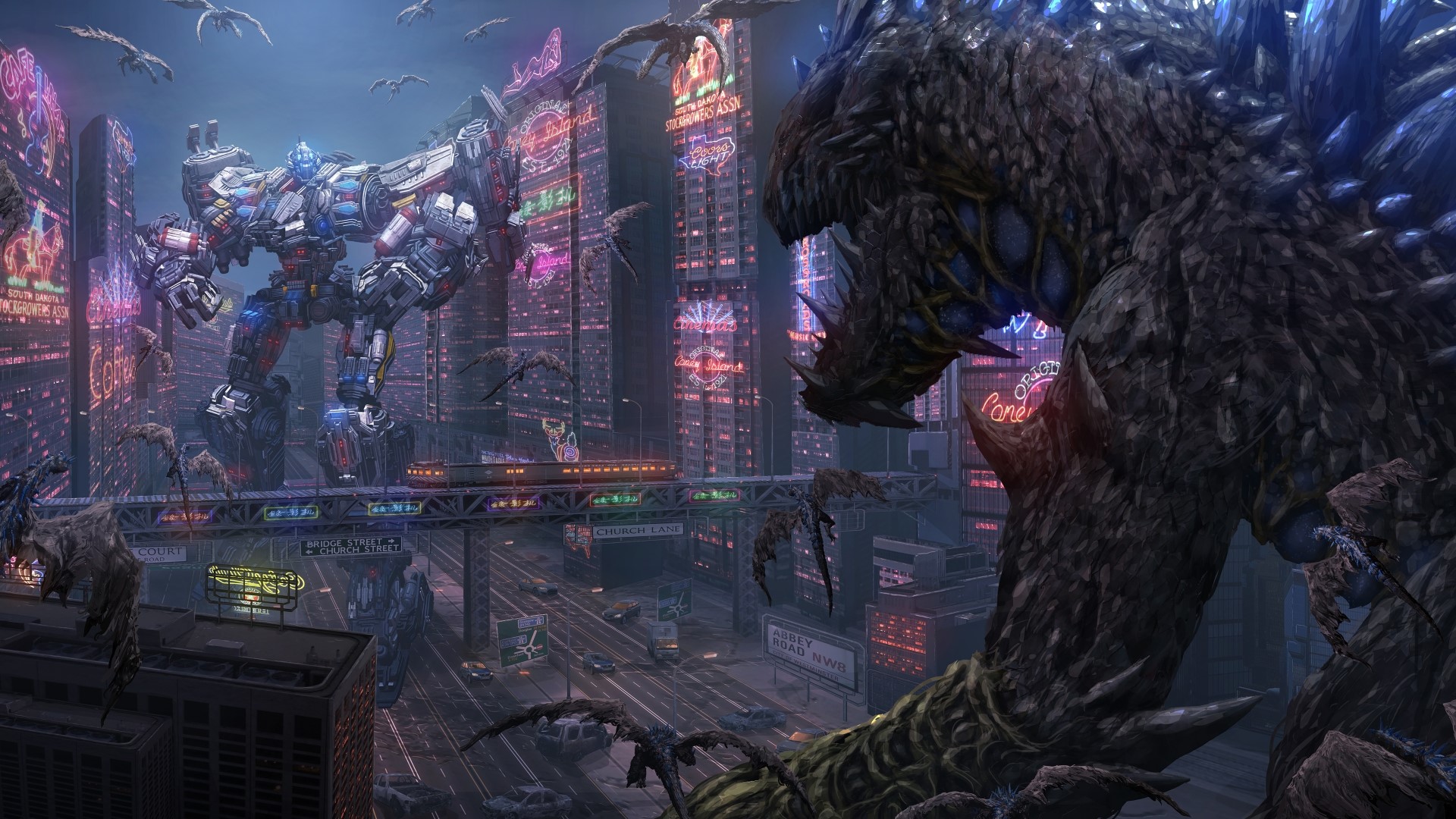 Godzilla vs. Mechagodzilla in a neon city HD Wallpaper