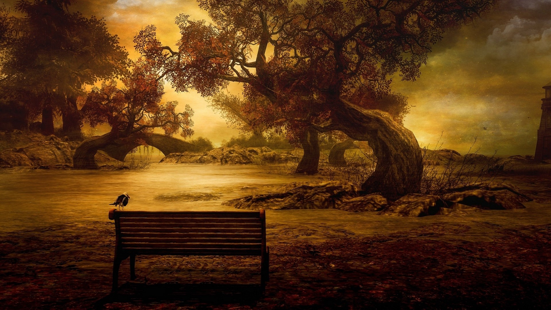 Fantasy landscape with trees and a bench HD Wallpaper