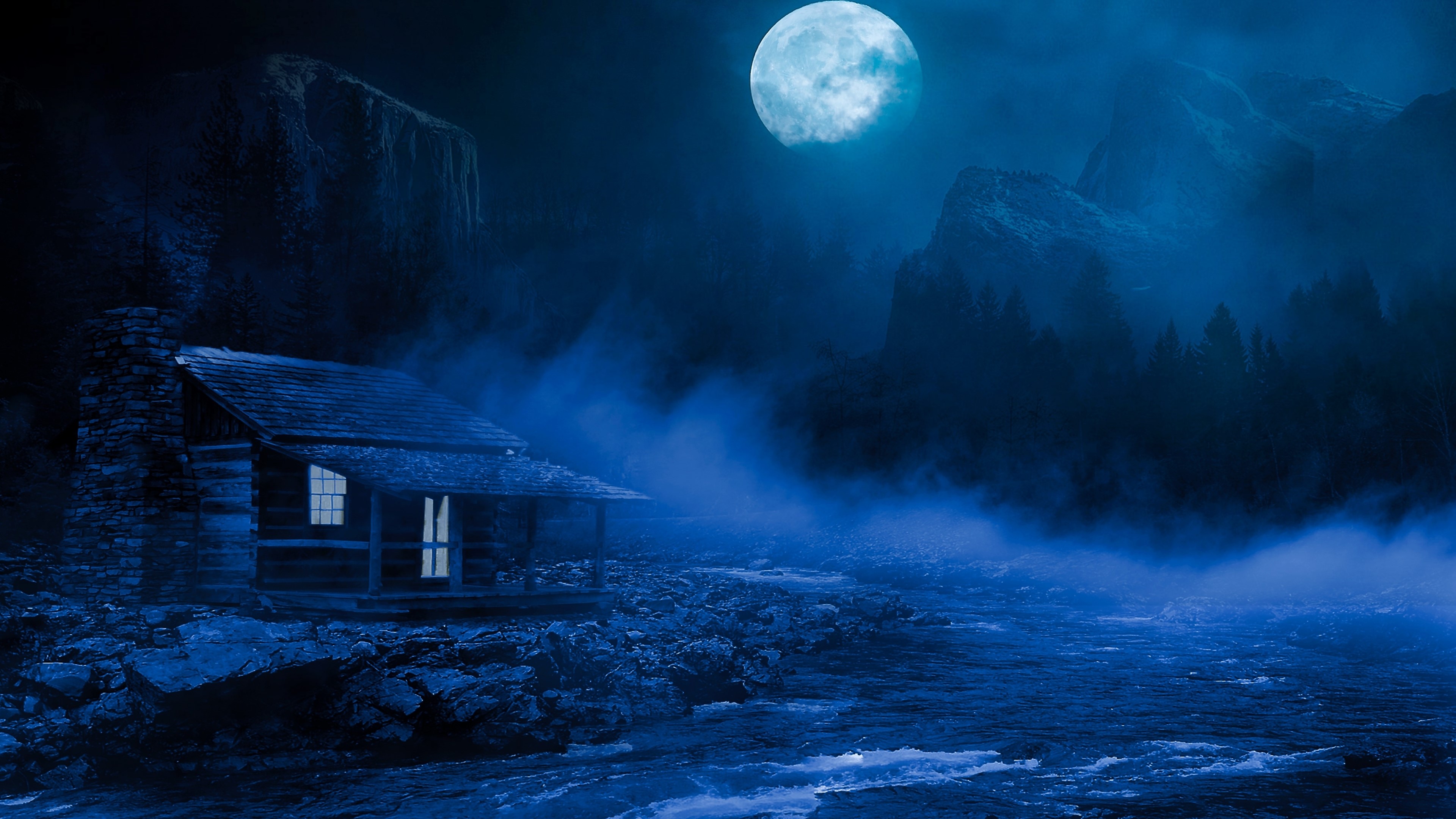 4K Night Cabin by River HD Wallpaper