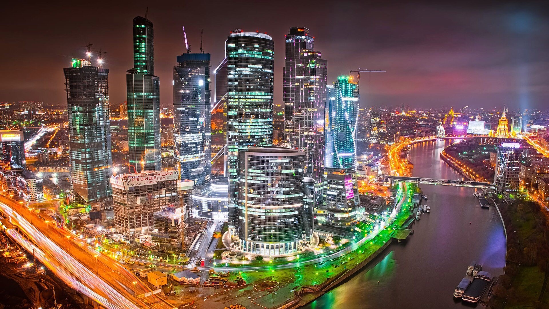 Moscow City skyscrapers at night HD Wallpaper