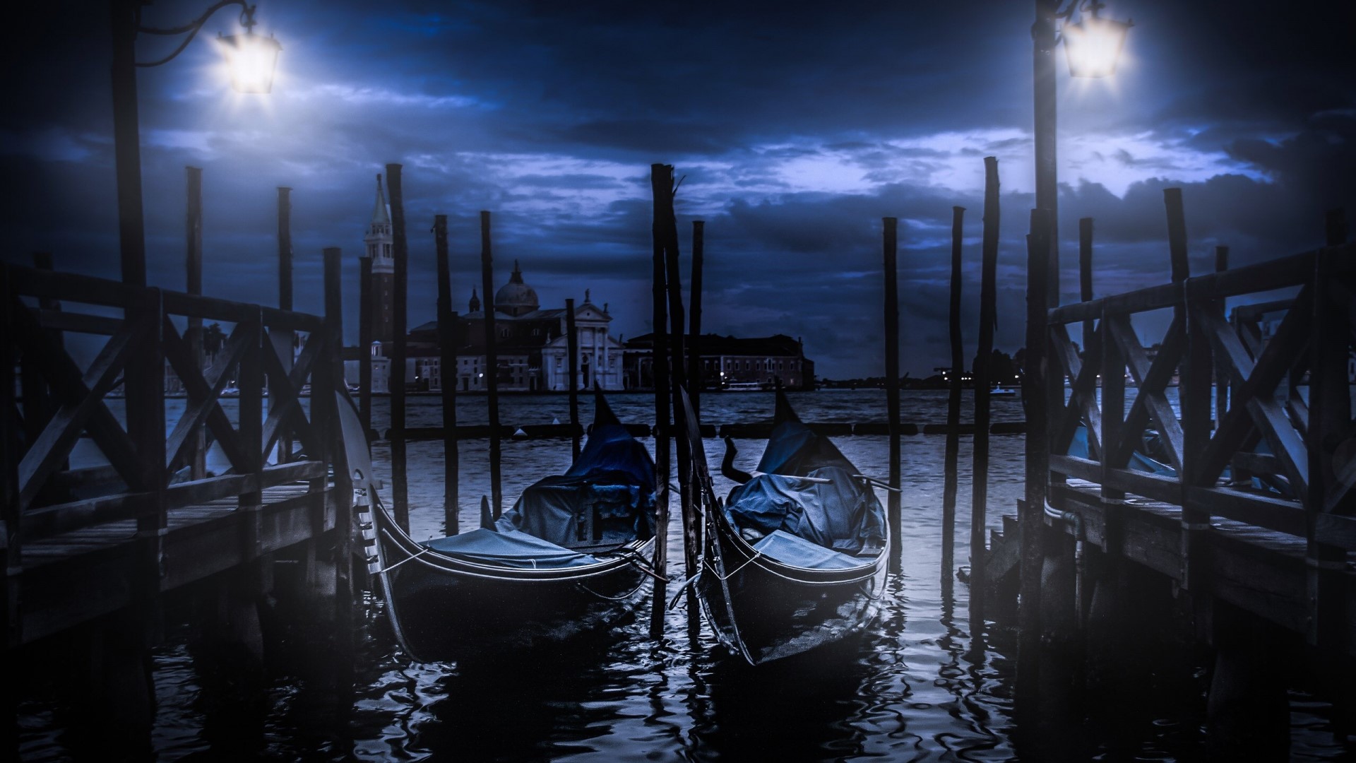 Venice by night with gondolas and buildings HD Wallpaper